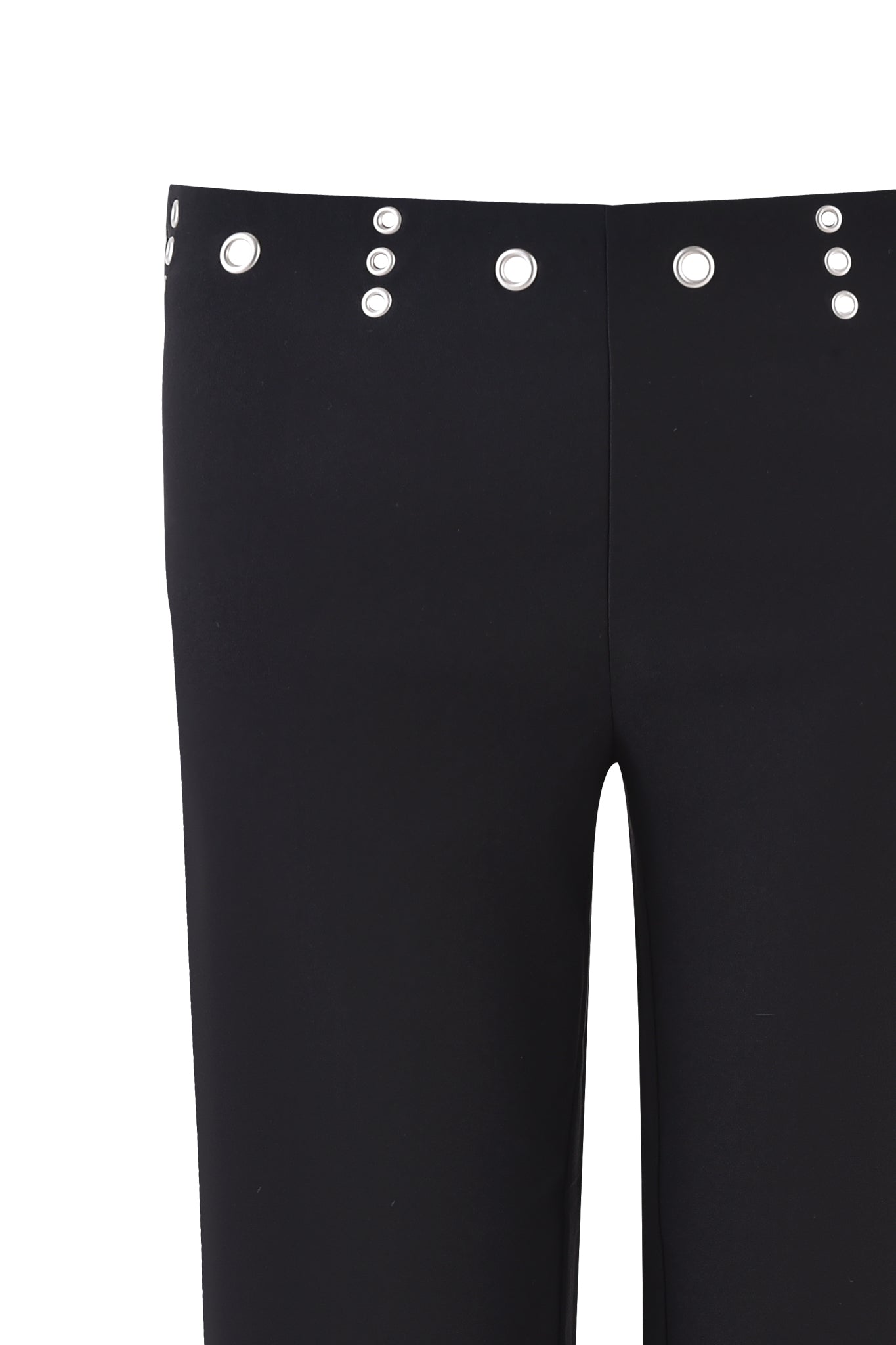 The SHARAH CAPRI - BLACK by I.AM.GIA are black slim capri pants featuring paired silver grommet details on the low rise waistband, made from comfortable mid-stretch fabric and shown against a white background.