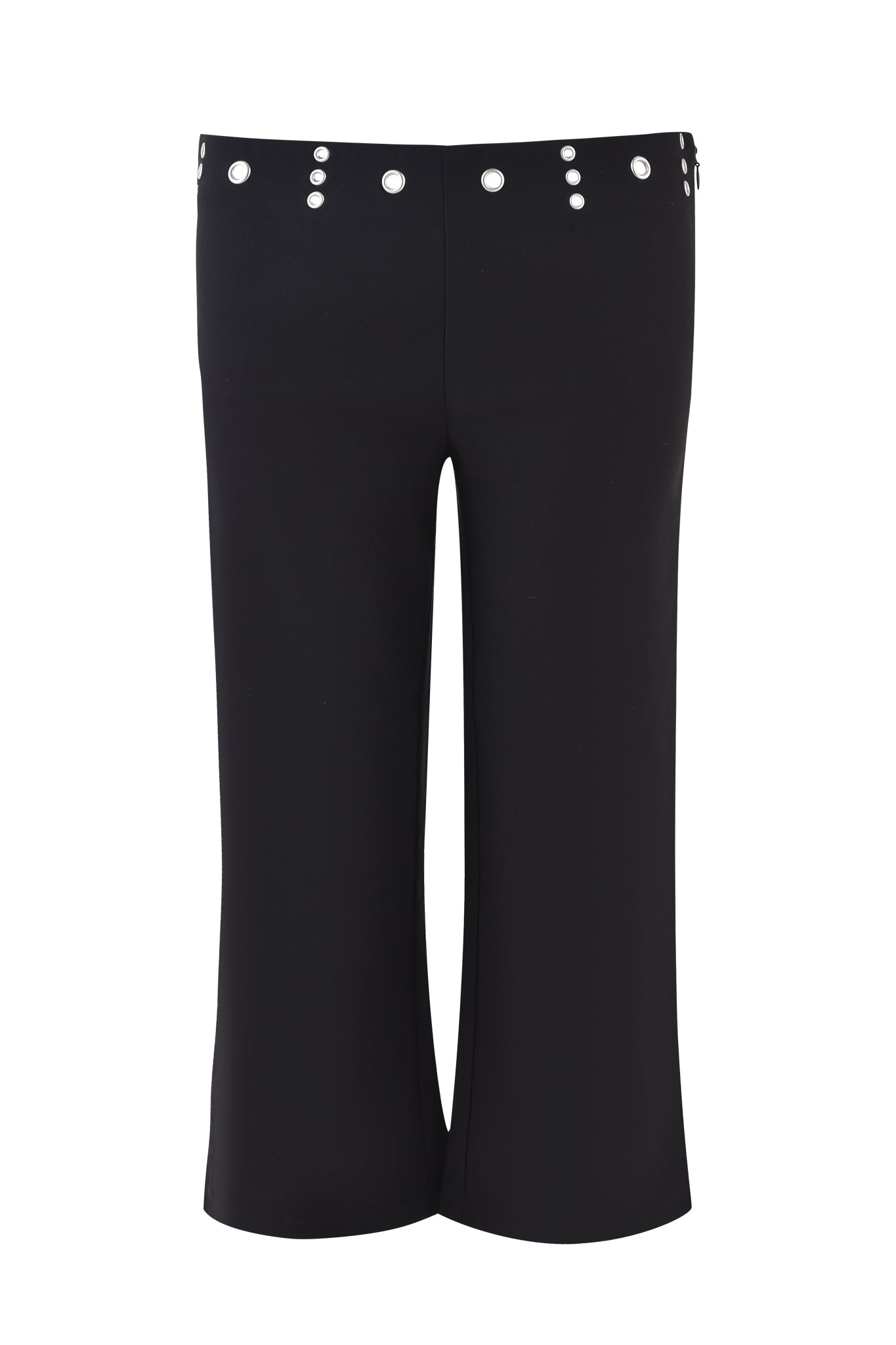 The SHARAH CAPRI - BLACK by I.AM.GIA features black wide-leg pants with silver rivet accents on the low-rise waistband, crafted from mid-stretch fabric and shown against a white background.