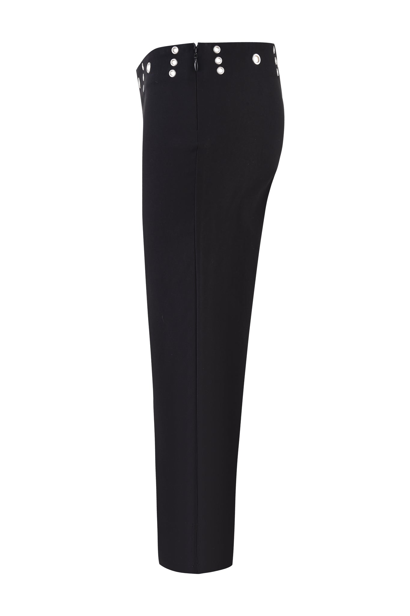 The SHARAH CAPRI - BLACK by I.AM.GIA features a high-waisted, slim fit with silver button accents on the waistband. Made from mid-stretch fabric, these minimalist capri pants have a sleek silhouette and slightly tapered leg.