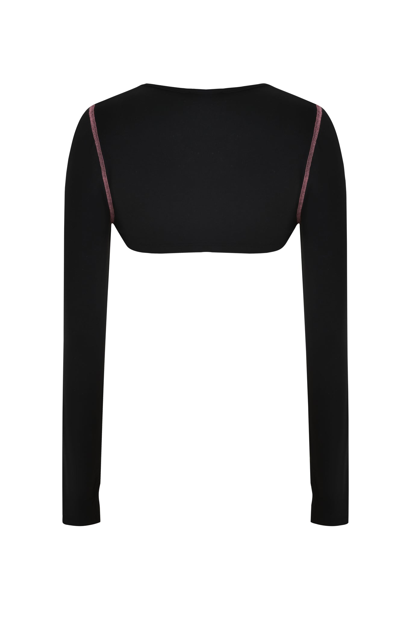 Back view of the I.AM.GIA Blare Shrug in black, featuring long sleeves and crafted from soft bamboo jersey with striking pink contrast stitching on the shoulders, set against a white background.