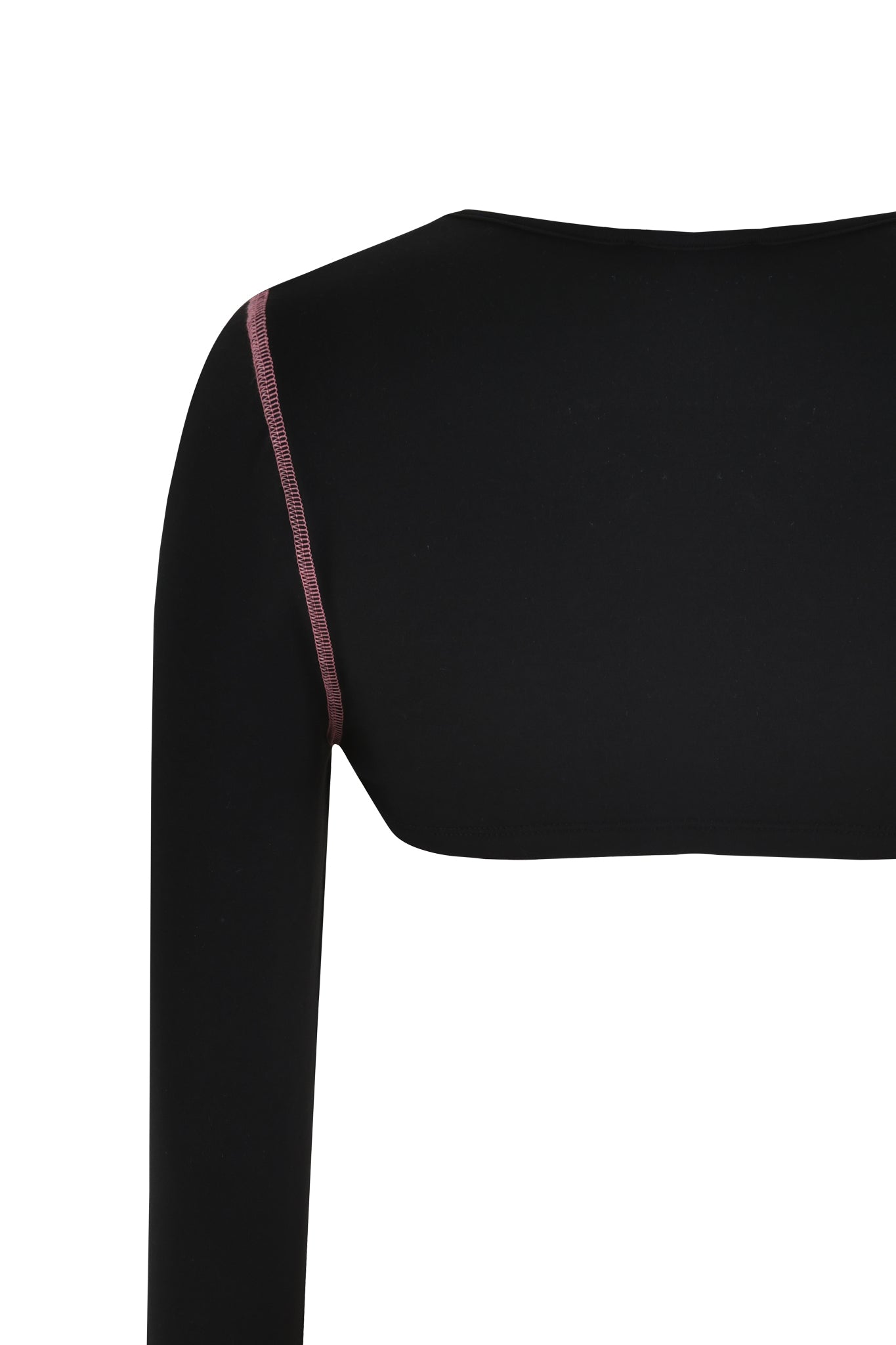 The BLARE SHRUG - BLACK by I.AM.GIA is a black super crop with long sleeves and contrasting pink stitching along the back shoulder seam.