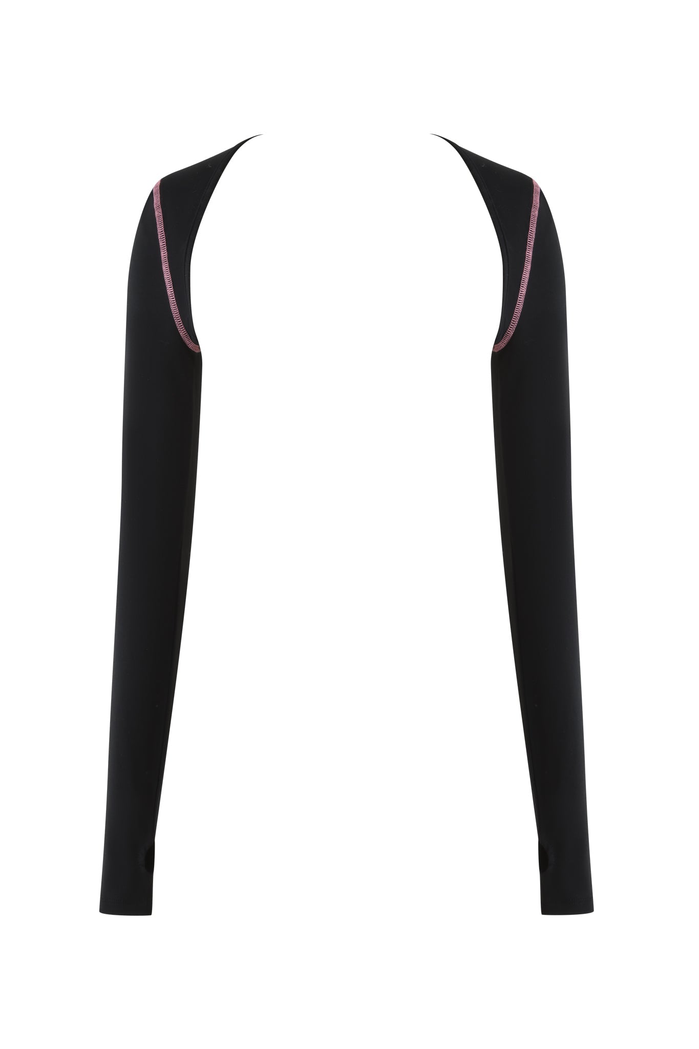 The BLARE SHRUG - BLACK by I.AM.GIA features black knitted arm warmers with contrast stitching and pink seam detailing against a white background, creating a sleek, modern look.