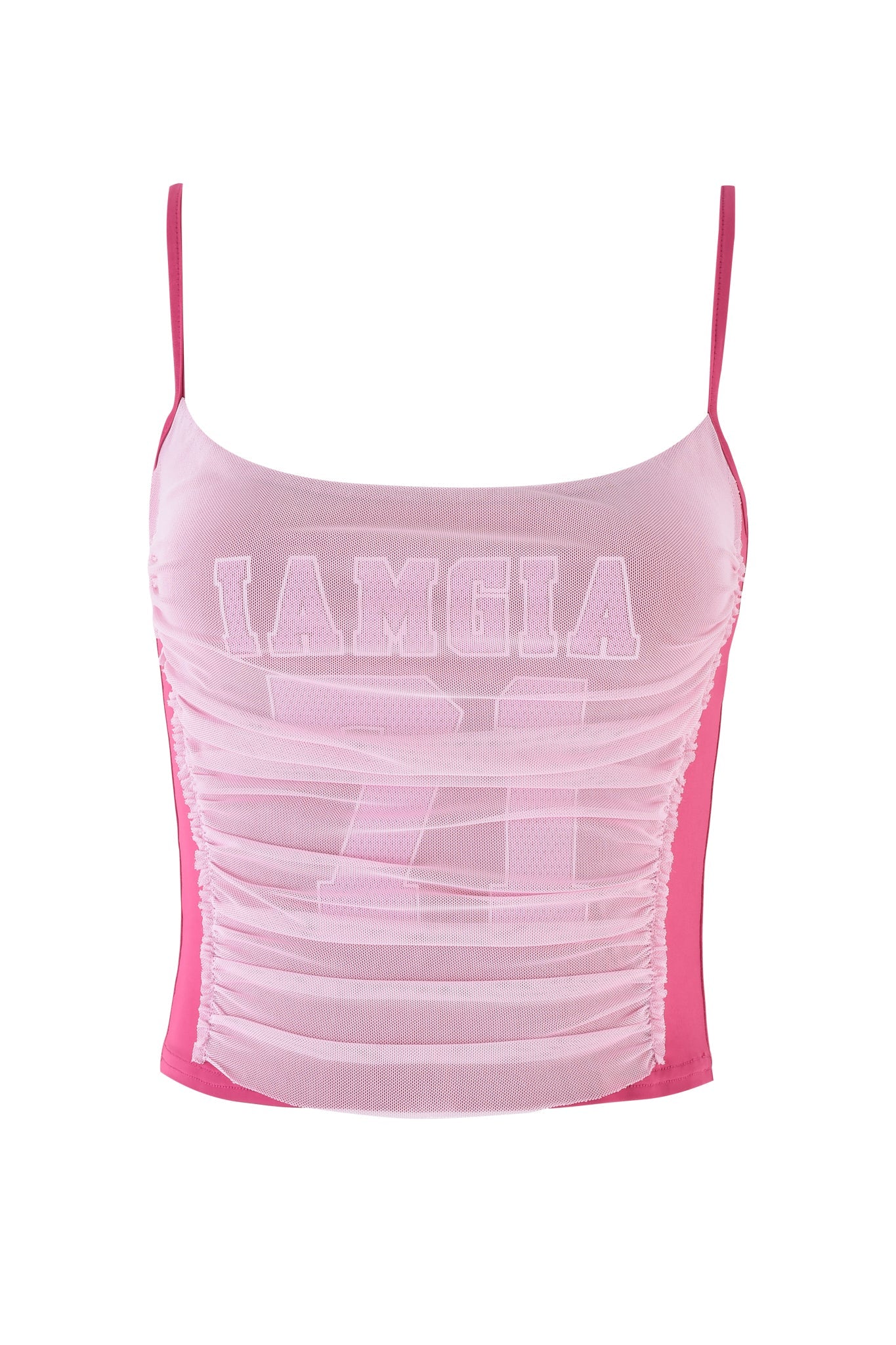 The SUKI TANK - PINK by I.AM.GIA is a slinky, bodycon piece with thin straps and custom GIA print, featuring the number "71" in white on the front. Ruched sides enhance its fitted silhouette.
