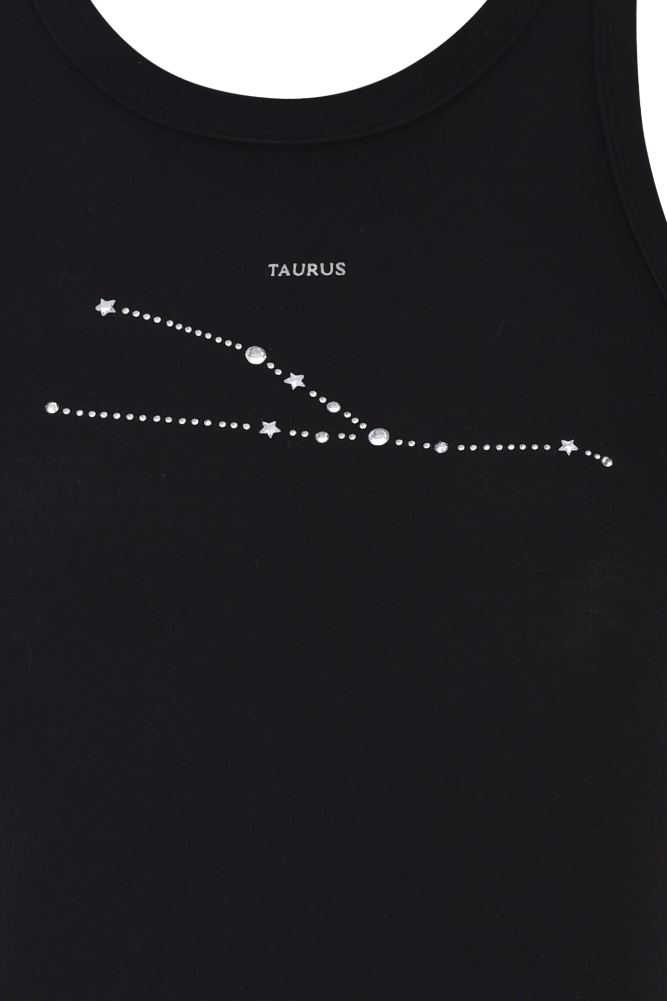 The TAURUS ZODIAC TANK - BLACK by I.AM.GIA features "Taurus" above a dotted and starred Taurus constellation outline in white on a black bamboo tank top.