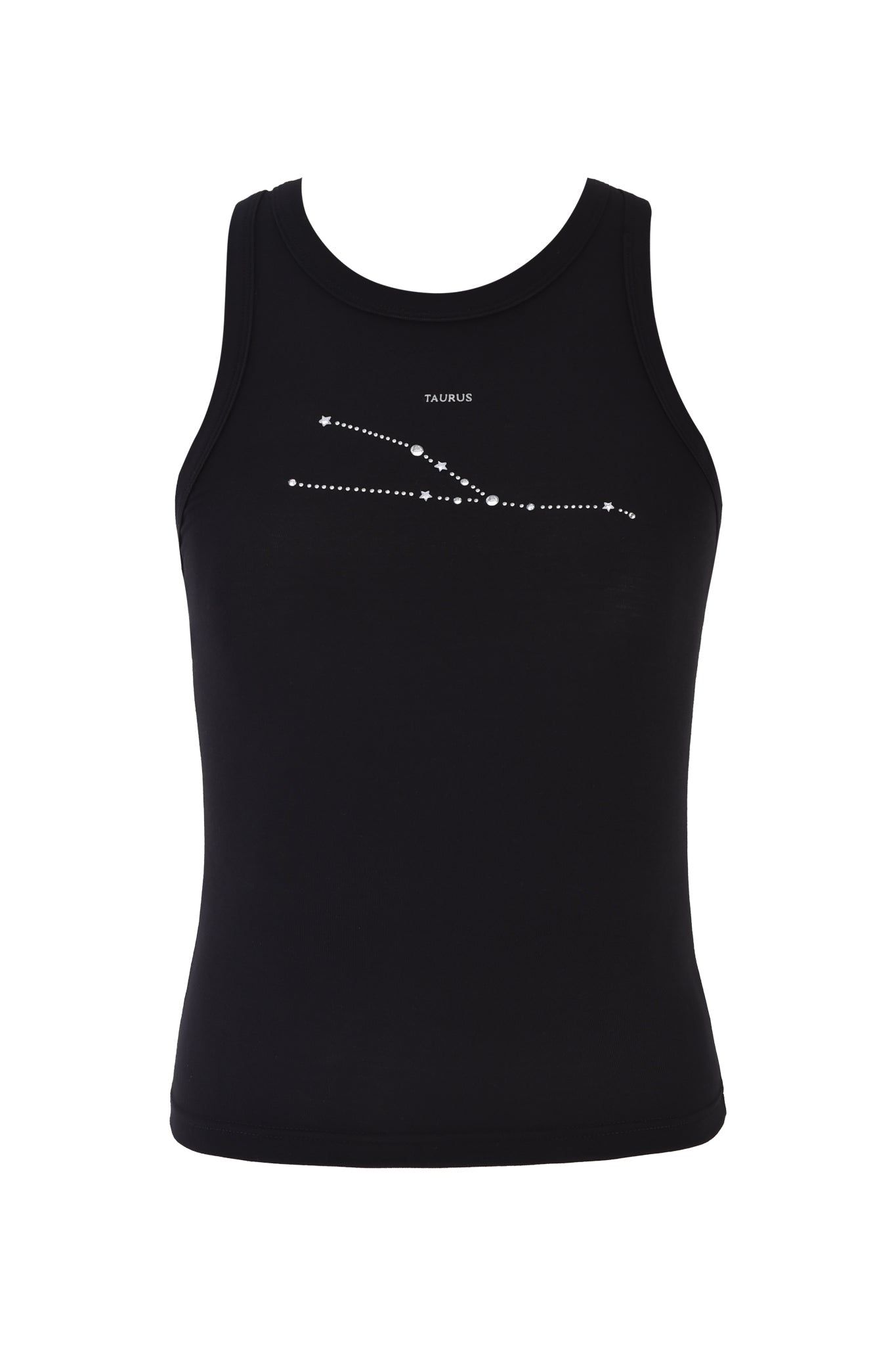 The I.AM.GIA TAURUS ZODIAC TANK - BLACK is a bamboo tank top with "TAURUS" above a white dotted Taurus constellation illustration.