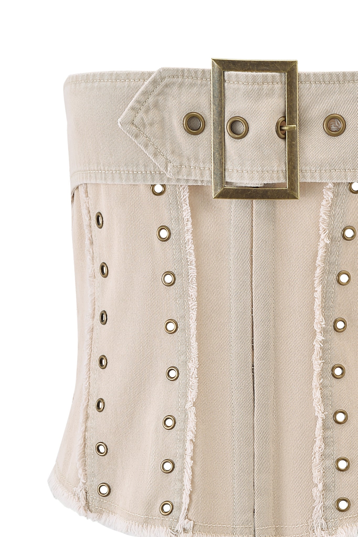 The MASON CORSET - TAN by I.AM.GIA features a canvas construction, large square gold buckle, vertical metal eyelets, frayed edges, and visible stitching detail. Displayed on a white background.