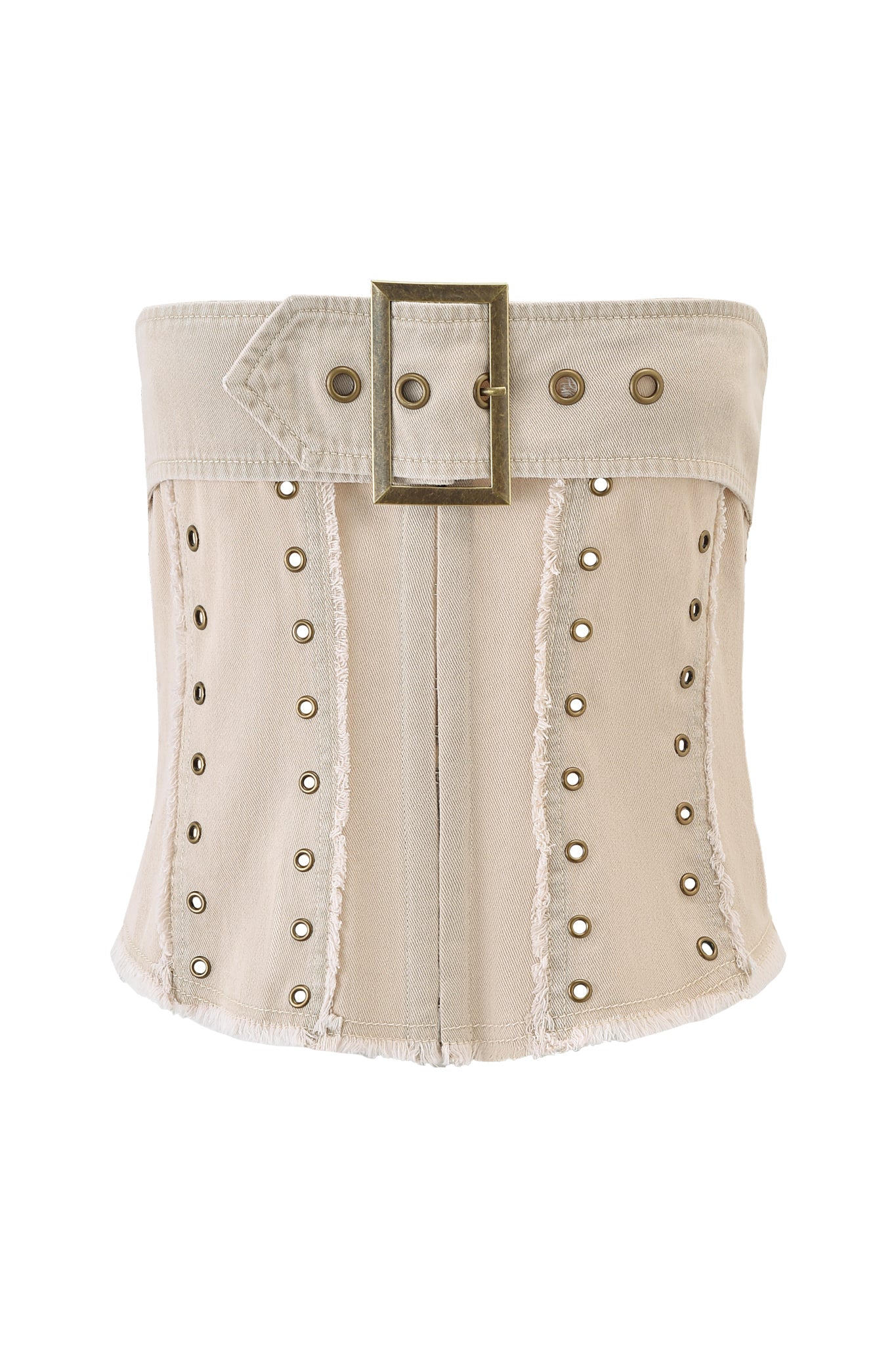 The MASON CORSET - TAN by I.AM.GIA is a beige denim belt with a large gold buckle, metal grommet details, and frayed edges—ideal for styling with a canvas top. Shown on a plain white background.