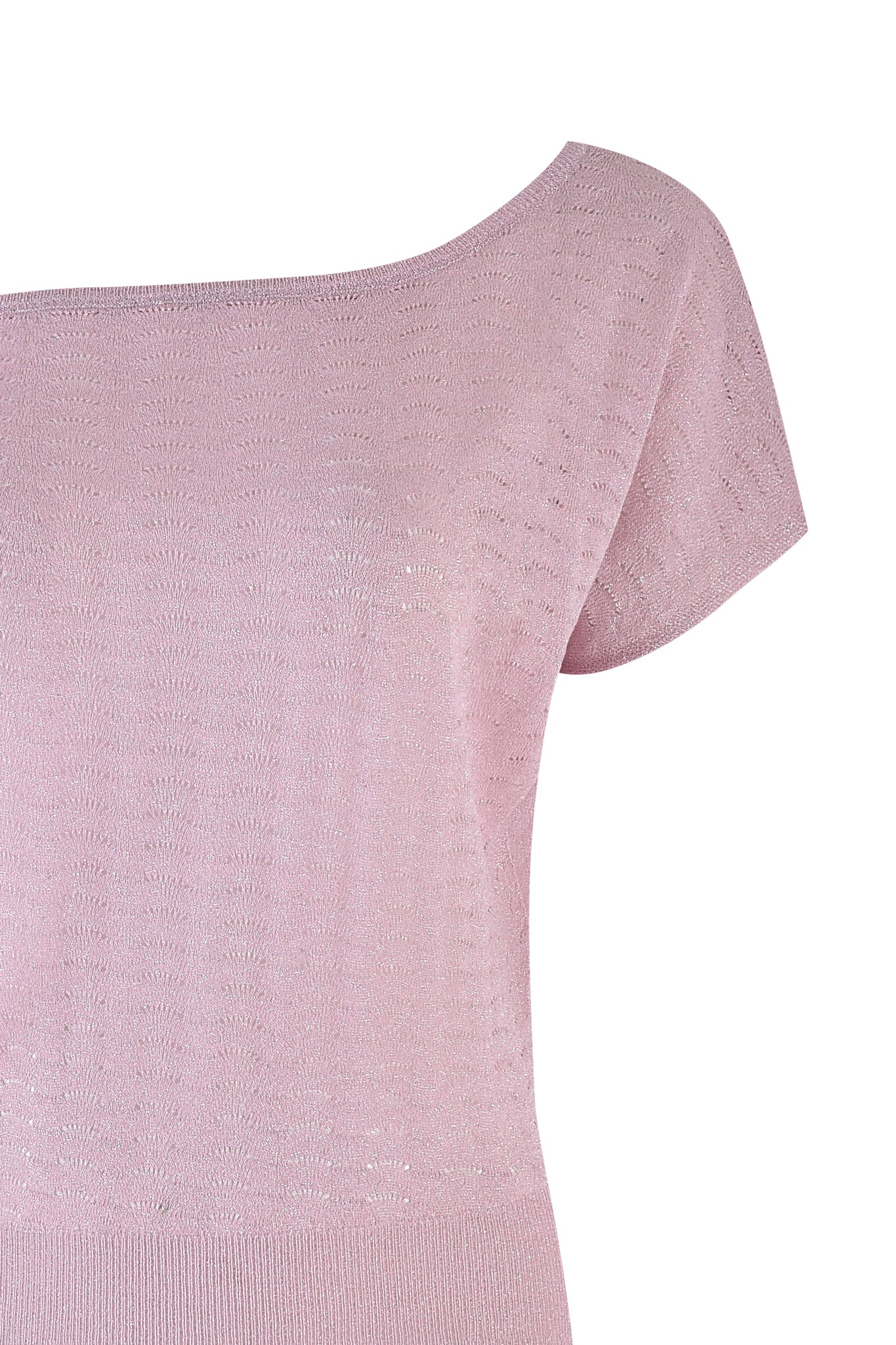 A close-up of the I.AM.GIA GIGI TOP - PINK, a light pink pointelle knit with short sleeves, wide neckline, and sheer textured fabric.
