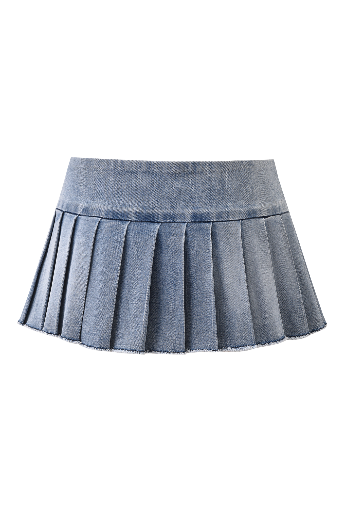 The REMINI DENIM MINI SKORT - LIGHT WASH by I.AM.GIA is a short, pleated mini skort with a low-rise waist in light blue denim, displayed against a plain background.