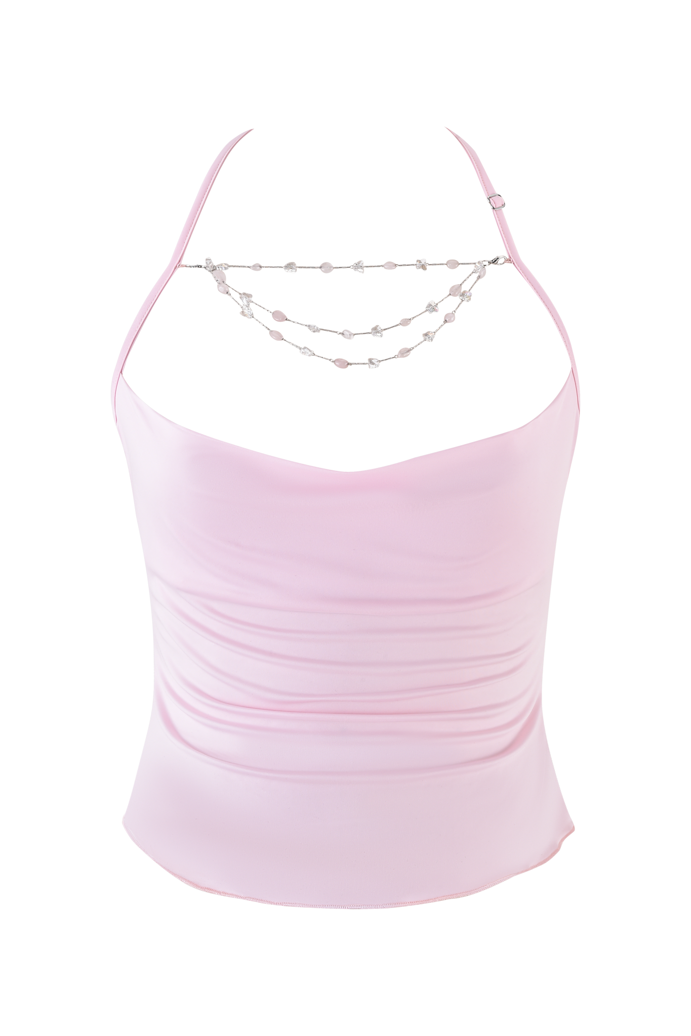 The SORREL TOP - PINK by I.AM.GIA is a baby pink backless halter top with a draped neckline, body-con fit, and an elegant beaded chain strap across the upper chest.