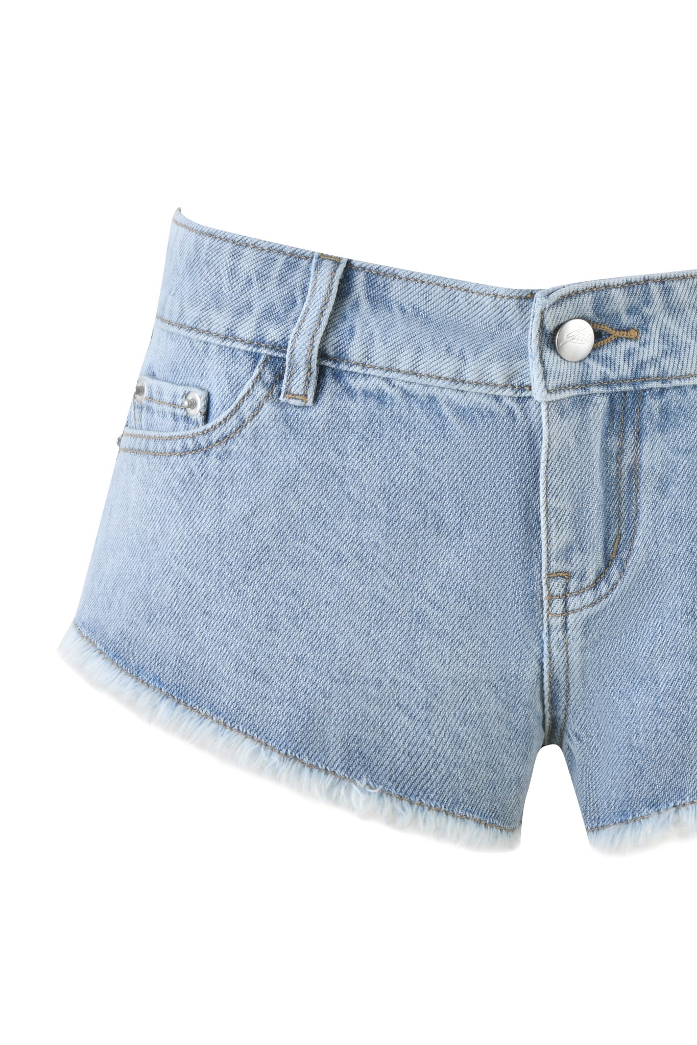 The AURA DENIM SHORT - BLUE by I.AM.GIA features a light blue wash with vintage vibes, frayed hems, belt loops, and button closure. The low-waisted micro mini design is completed with a stylish side pocket.