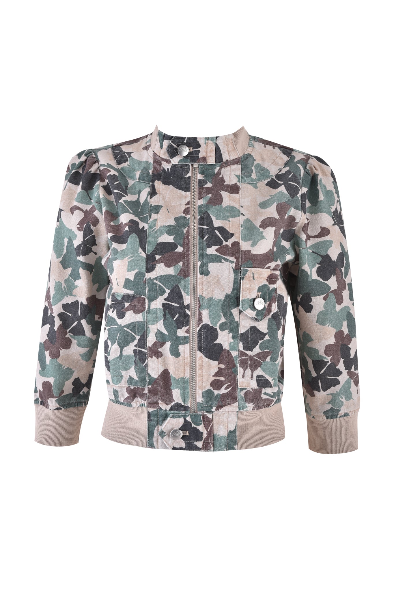The I.AM.GIA EFFIE JACKET - FLUTTER CAMO showcases an exclusive butterfly camo print in green, beige, and brown and includes a front zipper, a buttoned left pocket, and ribbed cuffs and waistband for a snug fit.