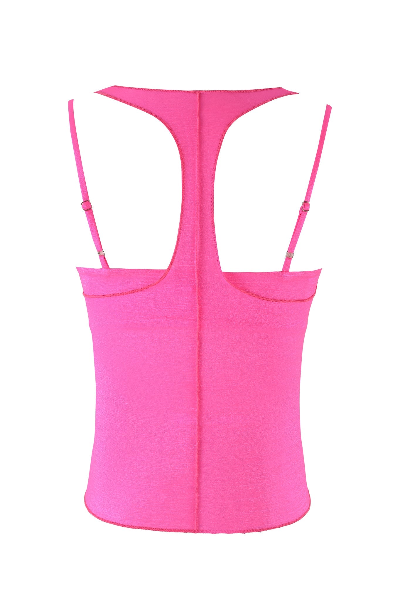 Presenting the I.AM.GIA NERINA TOP - NEON PINK: a dazzling racerback tank top with a neon pink shimmer, adjustable thin straps, sleeveless cut, and flattering tapered waist.