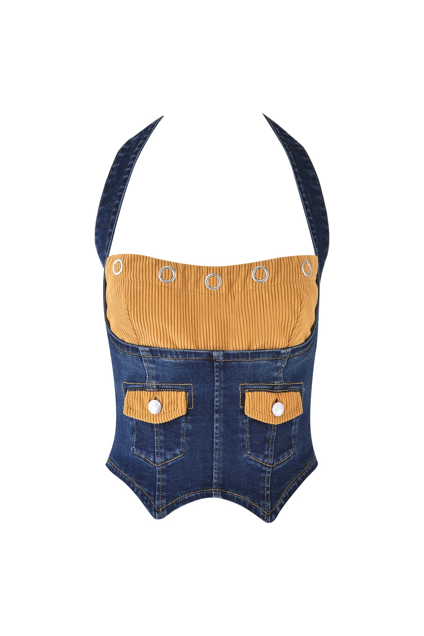 The I.AM.GIA TOMMIE CORSET - DARK WASH is a sleeveless halter denim bustier with a mustard corduroy panel, silver buttons, and two front pockets featuring matching mustard flaps and white buttons.