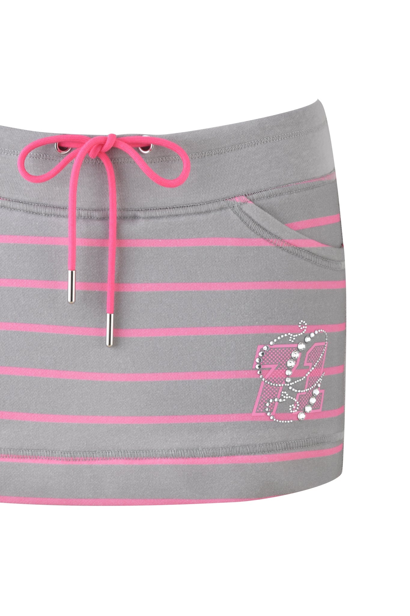 The EZORA SKORT 2.0 - GREY : PINK by I.AM.GIA is a gray and pink striped mini skort with a low-rise waist, drawstring, two pockets, and front rhinestone design featuring overlapping pink hearts.