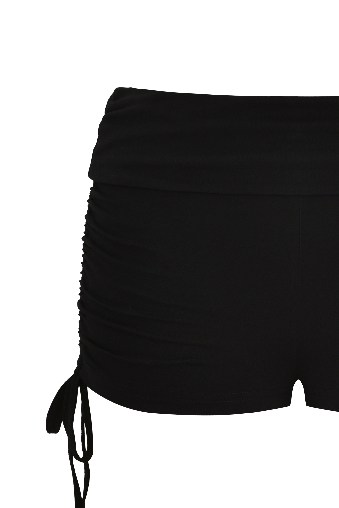 Close-up of the left side of a person wearing I.AM.GIA MIA JERSEY SHORT - BLACK, featuring a low-rise waistband and drawstring tie. Only the lower torso and upper thigh are visible against a plain background.