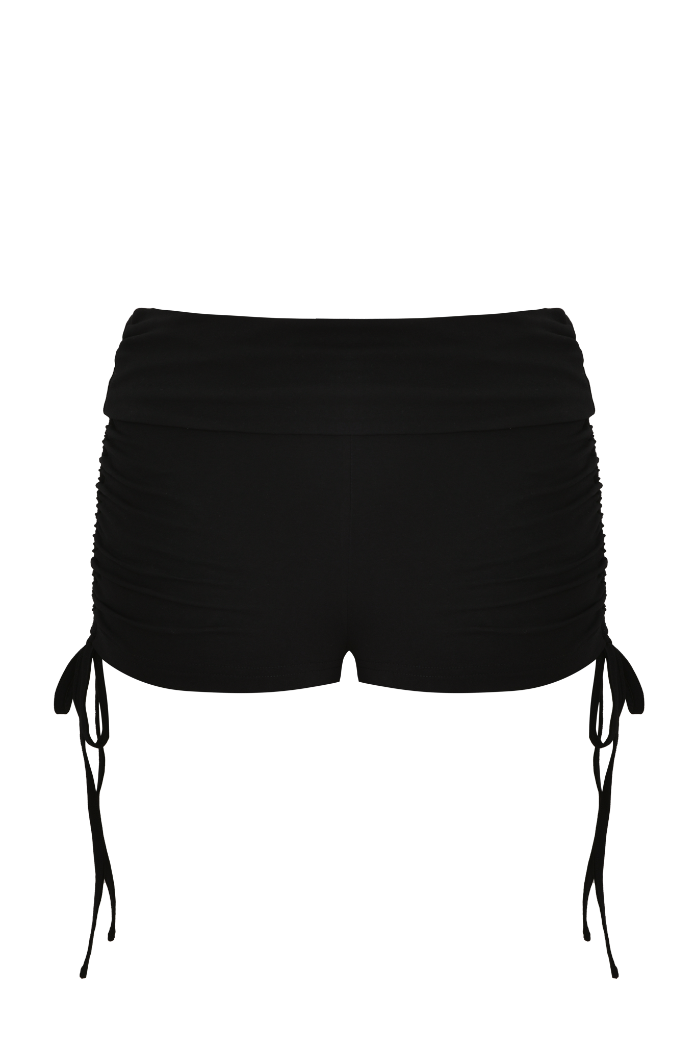 The MIA JERSEY SHORT - BLACK by I.AM.GIA features a bodycon fit, high waist, ruched sides with adjustable drawstrings, and a front V-shaped hemline in stretchy jersey for a flattering silhouette.