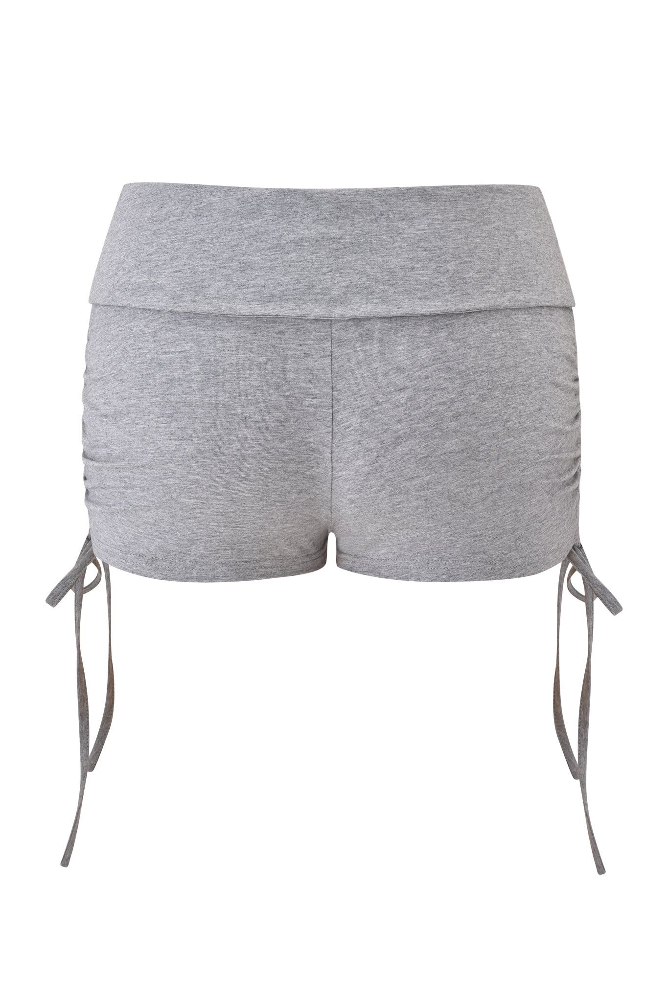 The I.AM.GIA MIA SHORT in Heather Grey features a bodycon fit, wide waistband, ruched sides, and adjustable side ties. These low-rise micro shorts are shown from the back against a plain white background.