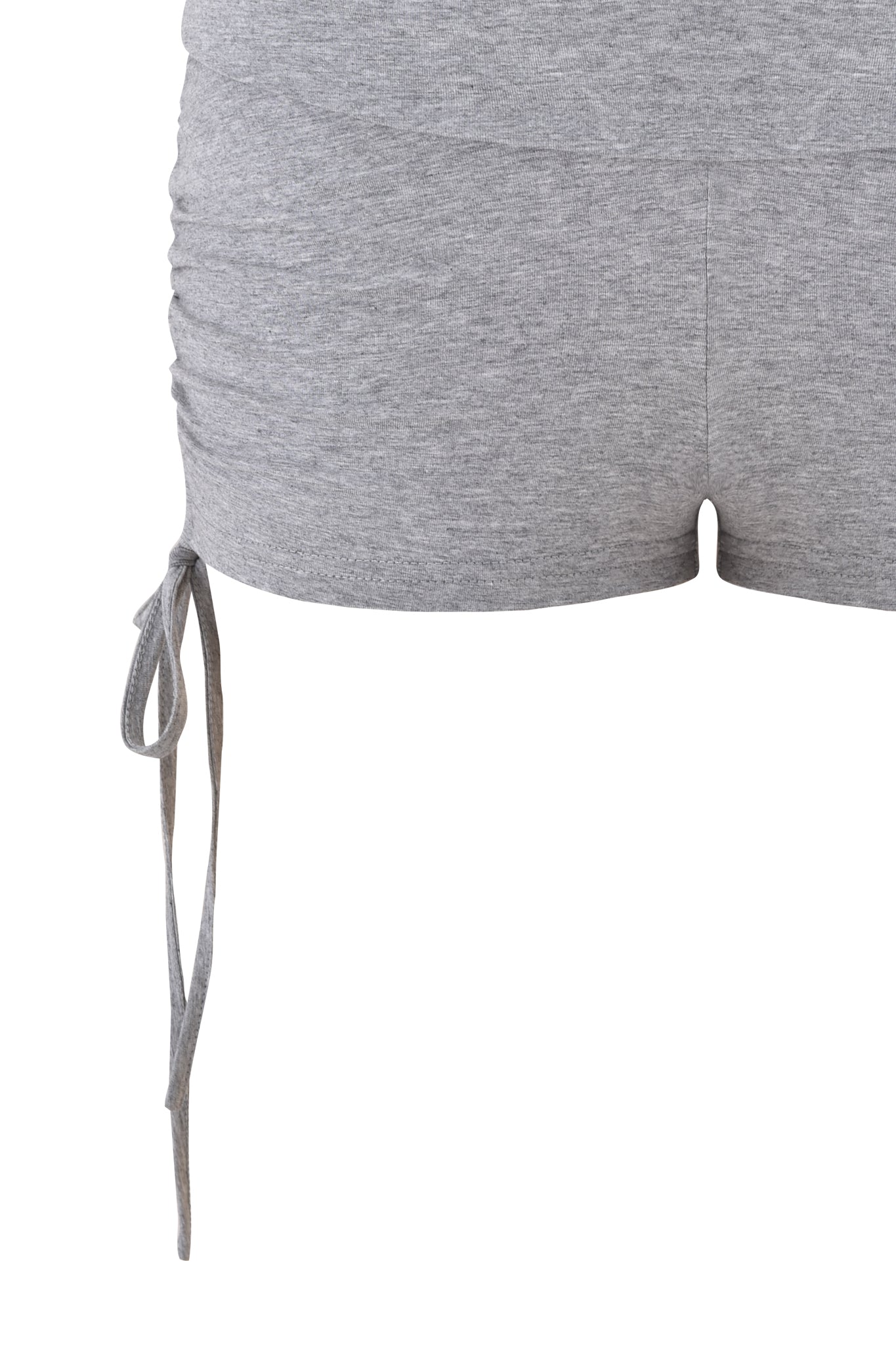 Close-up of the I.AM.GIA MIA SHORT in heather grey, featuring a bodycon fit, low-rise design, and side drawstring tie. Crafted from soft, stretchy fabric for a comfortable and casual look.
