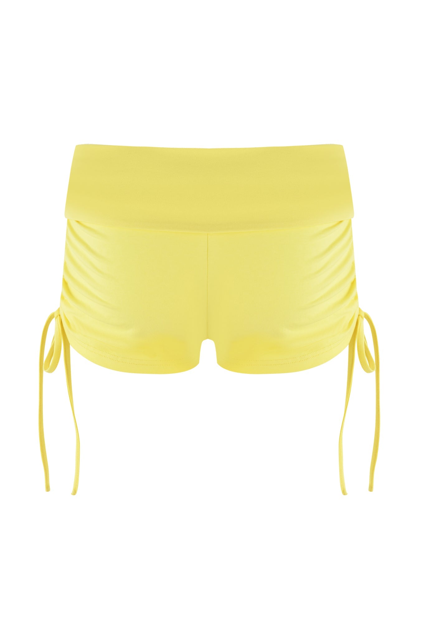 The MIA SHORT by I.AM.GIA features a high-waisted yellow bikini bottom with side drawstring ties, a bamboo fabric for smoothness, and ruched texture for added style.