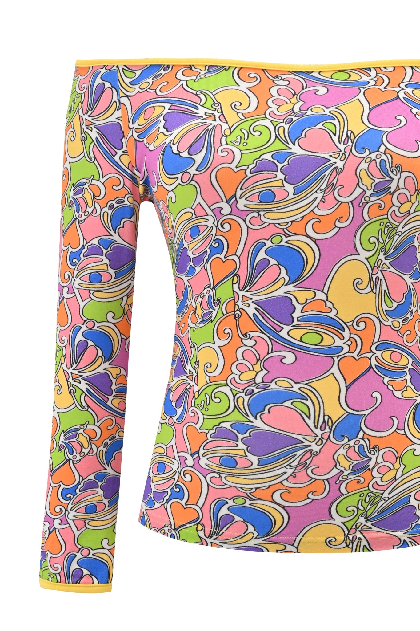 The GINNY TOP - TROPICAL BUTTERFLY BLOOM by I.AM.GIA is a long-sleeve off-shoulder bamboo top with a vibrant psychedelic pattern in pink, orange, yellow, green, and blue abstract swirls.