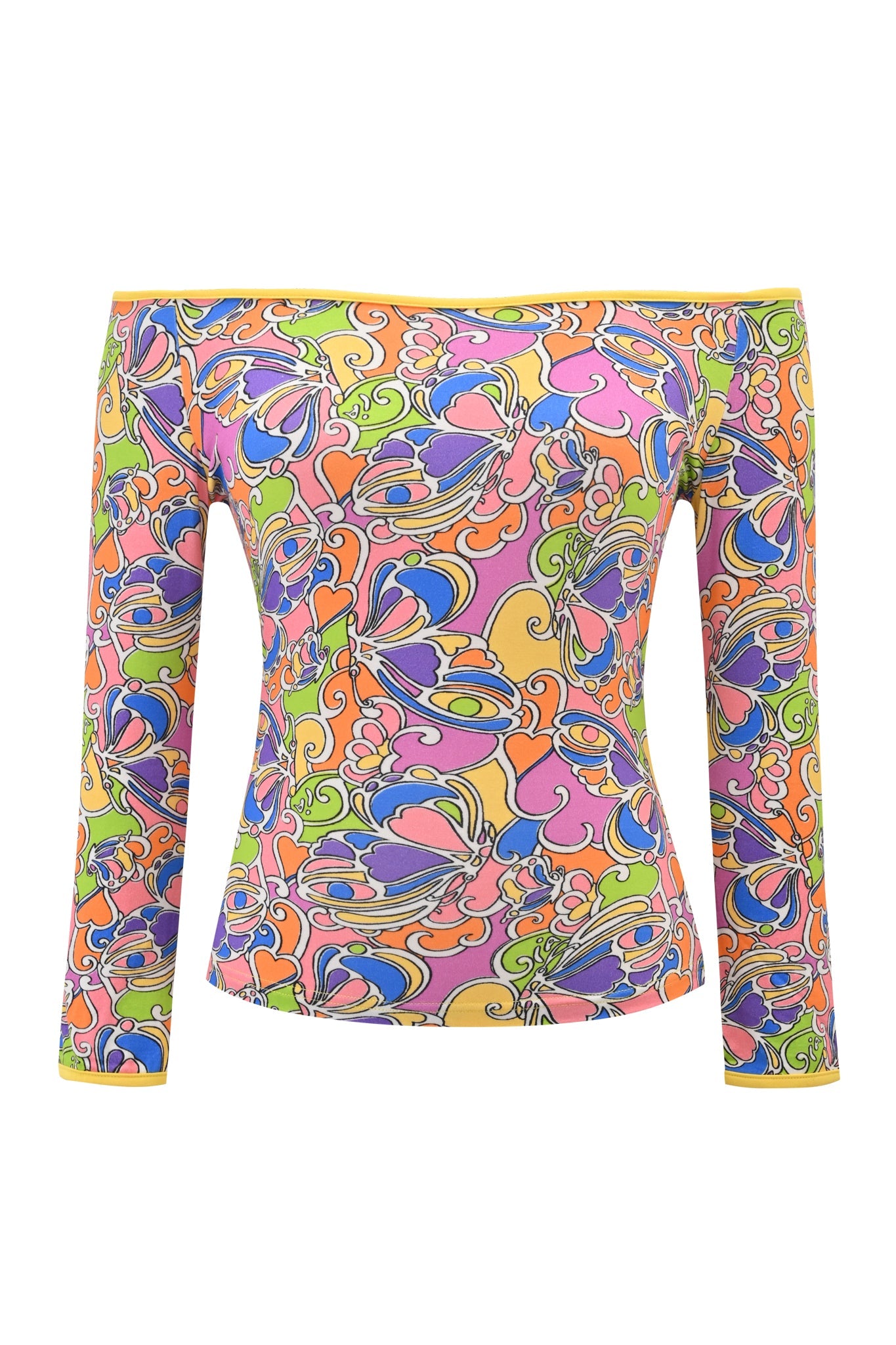 The I.AM.GIA GINNY TOP - TROPICAL BUTTERFLY BLOOM is a long-sleeve, off-shoulder bamboo top featuring a vibrant psychedelic swirl and abstract pattern in yellow, pink, orange, blue, and green.