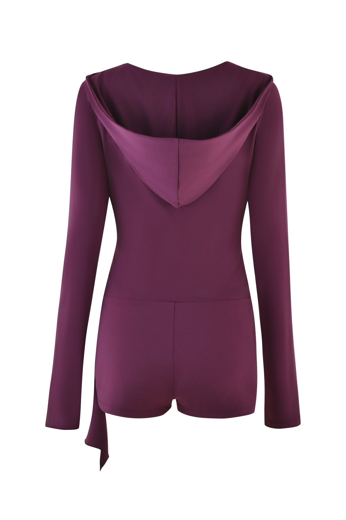 The IRINA PLAYSUIT - PURPLE : PLUM by I.AM.GIA is a sleek romper with long sleeves, a tied waist, and a hood draped gently at the back. Its smooth fabric exudes simple yet elegant sophistication.
