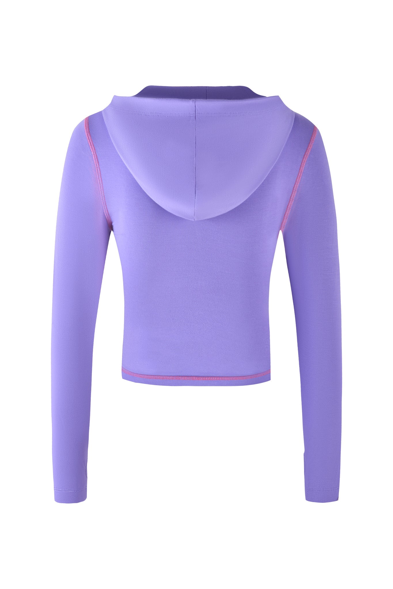 The I.AM.GIA BLARE HOODIE - PURPLE, in a bodycon silhouette and lavender-purple colorway, is displayed facing away. It features pink stitching on the shoulders and sleeves with a cropped hemline against a white background.