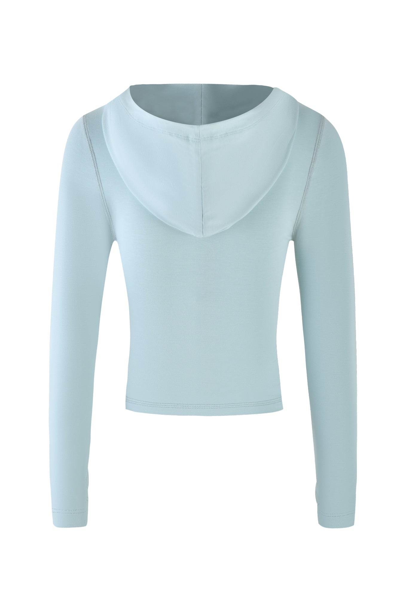 The I.AM.GIA BLARE HOODIE - SEAFOAM is a fitted, bamboo-fabric hoodie in a calming seafoam hue, featuring light blue long sleeves. The back view is shown against a plain white background, highlighting its comfort and style.