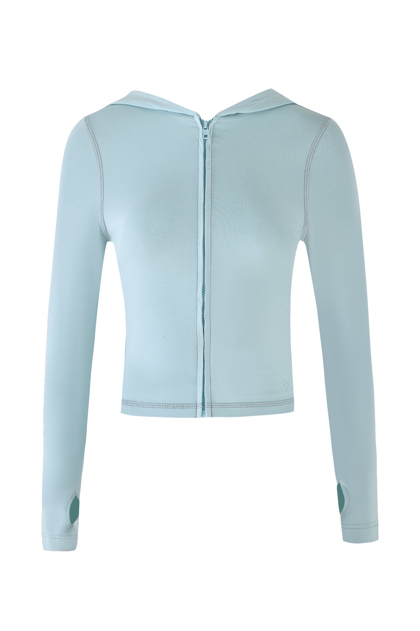 The I.AM.GIA BLARE HOODIE in seafoam showcases long sleeves with thumb holes, a front zipper, and visible seams on bamboo fabric. Its light blue shade and hood enhance the cozy style.