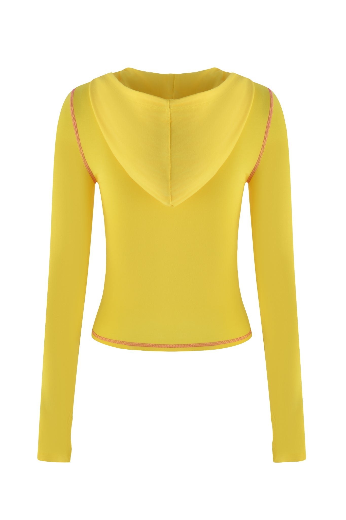 The image highlights the back of a lemon BLARE HOODIE by I.AM.GIA, featuring a bodycon silhouette with orange stitching along seams and hems. The fabric is smooth and stretchy, offering both style and comfort.