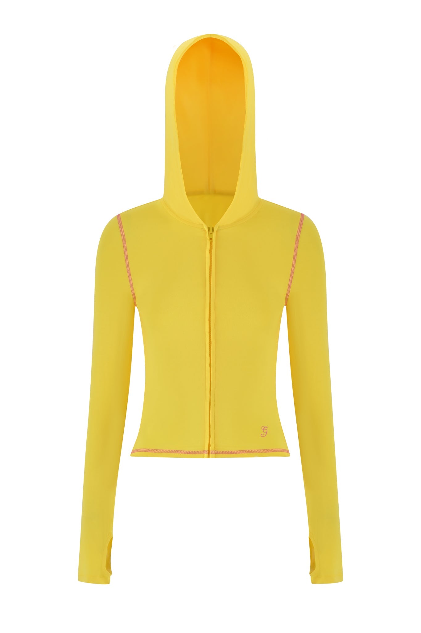 The I.AM.GIA BLARE HOODIE in vibrant lemon showcases a form-fitting design with long sleeves. Pink stitching adds flair, and thumb holes in the cuffs enhance comfort. Displayed on a white background, this piece effortlessly combines style and function.