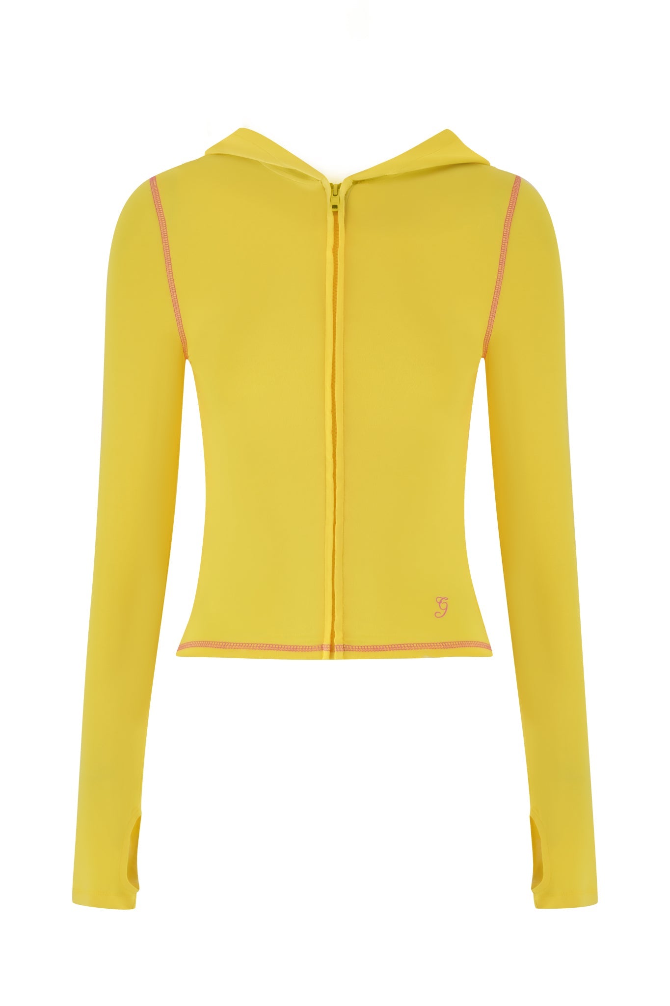 The I.AM.GIA BLARE HOODIE - LEMON is a lemon yellow zip-up with long sleeves, pink seam stitching, and a small embroidered design near the bottom hem, set against a white background.