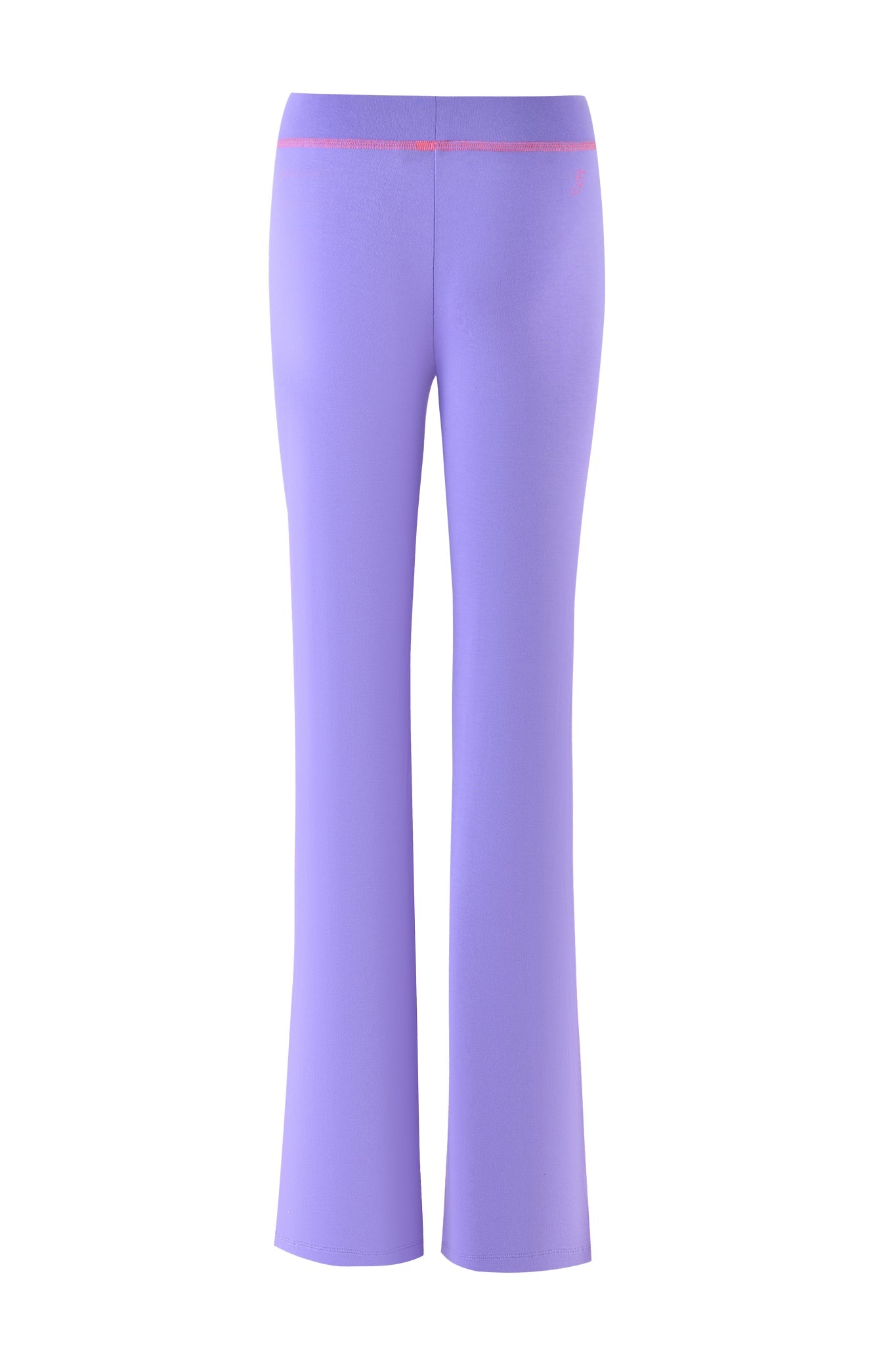 The BLARE TRACKPANT by I.AM.GIA boasts a low-rise waist and bodycon fit in purple fabric, featuring a wide waistband with pink stitching. A slight flare at the bottom enhances style against a plain white background.