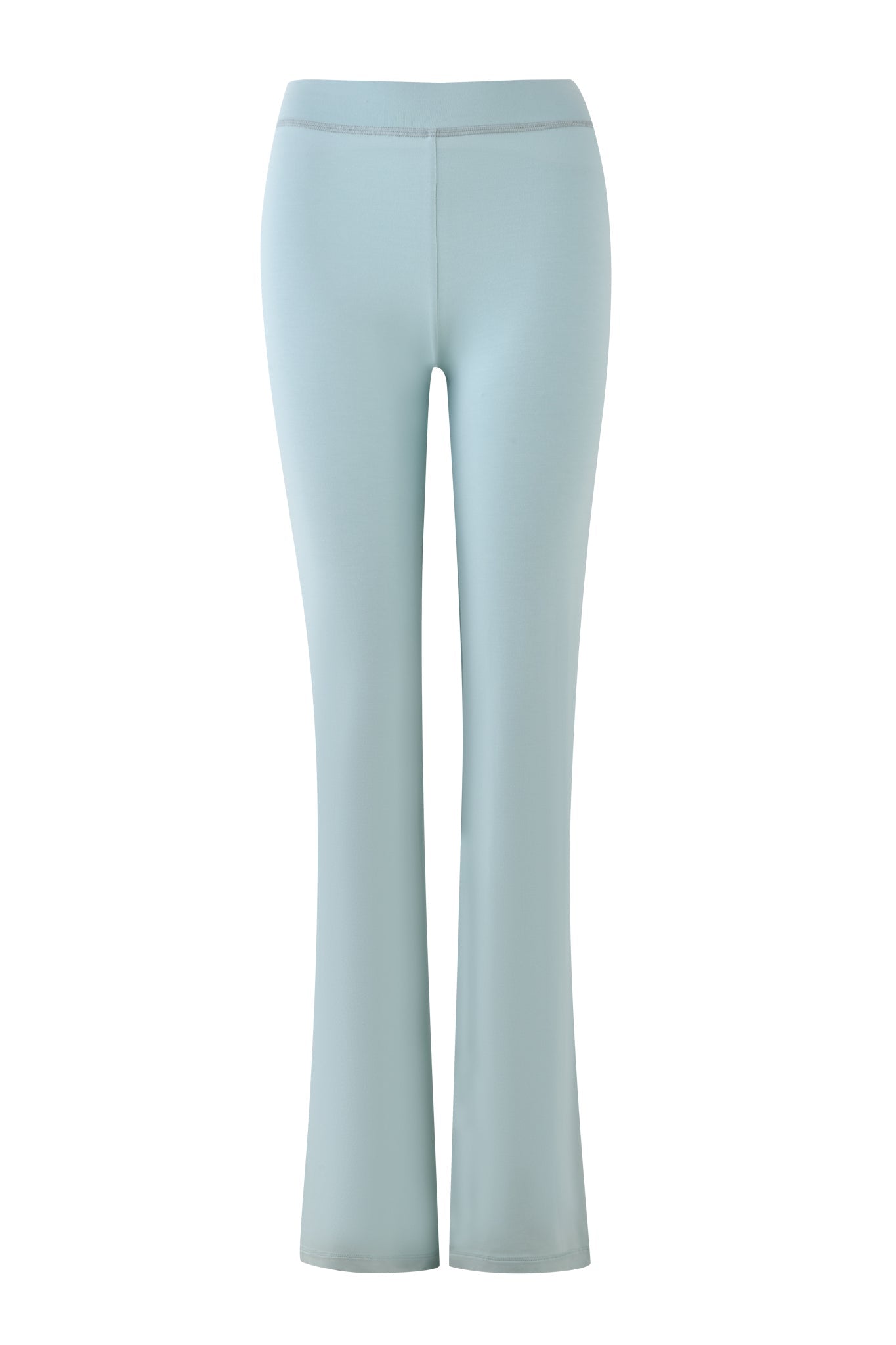 I.AM.GIA's BLARE TRACKPANT in Seafoam features a high-waisted, fitted design with a slight flare at the bottom, displayed on a white background to highlight its smooth bamboo jersey fabric.