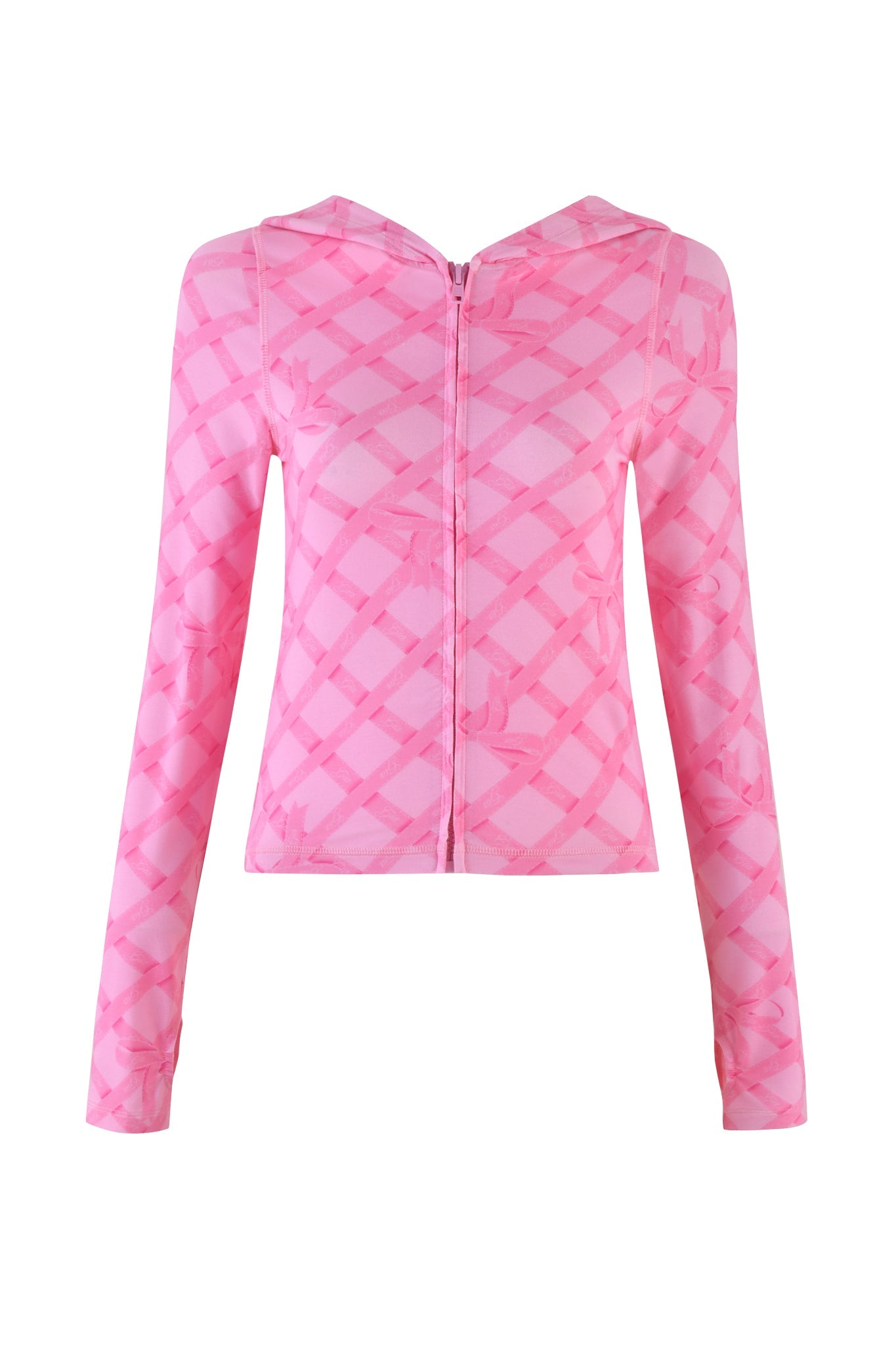 The I.AM.GIA Blare Hoodie - Pink: Wrapped in Gia features a pink checkered print with lighter and darker shades on a white backdrop. It includes a front zipper, long sleeves, and thumb-hole cut-outs for added comfort.