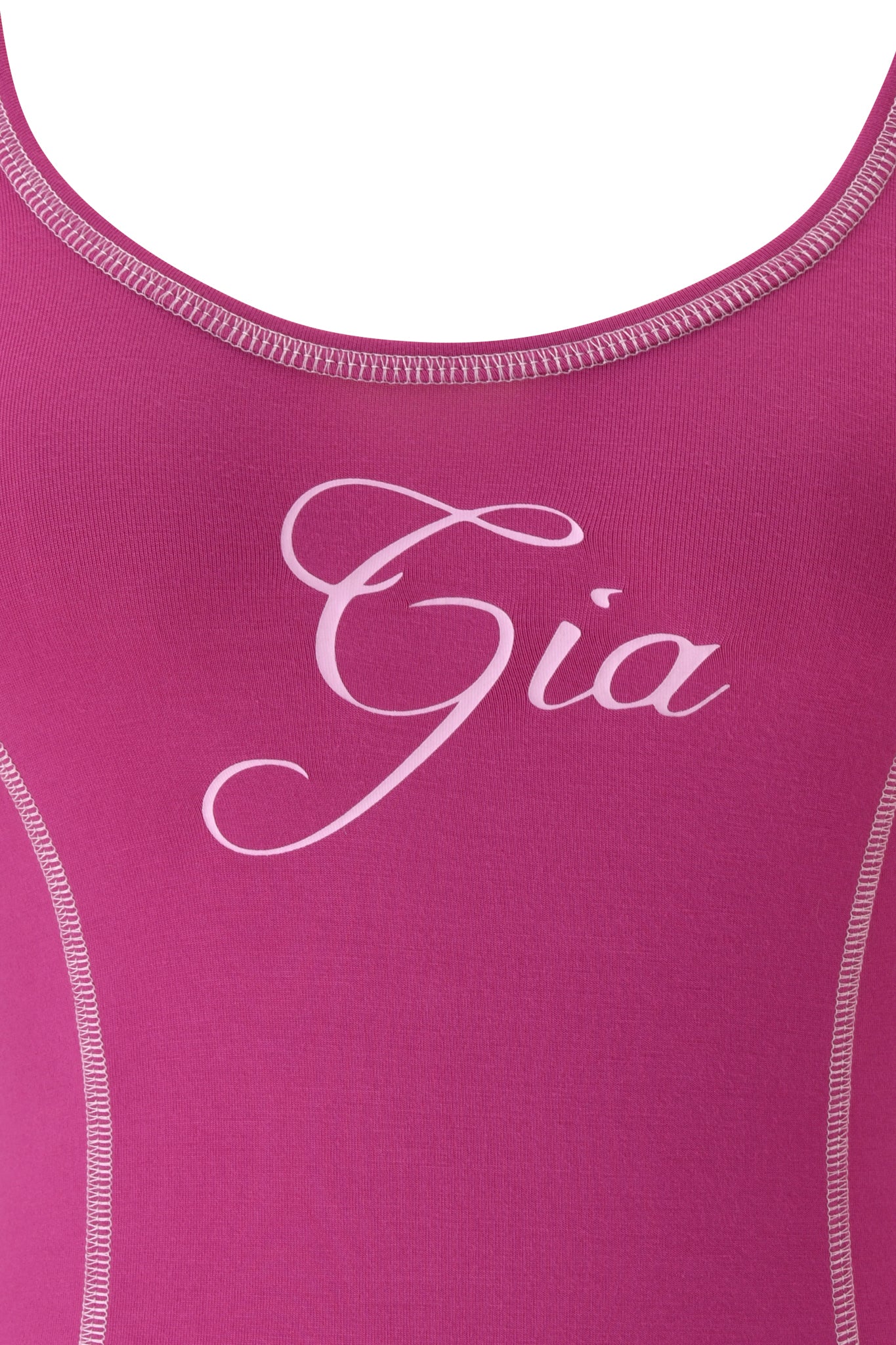 Close-up of the BLARE TANK in raspberry by I.AM.GIA, featuring decorative light pink stitching and "Gia" in bold cursive across the chest, highlighting I.AM.GIA's iconic logo style.