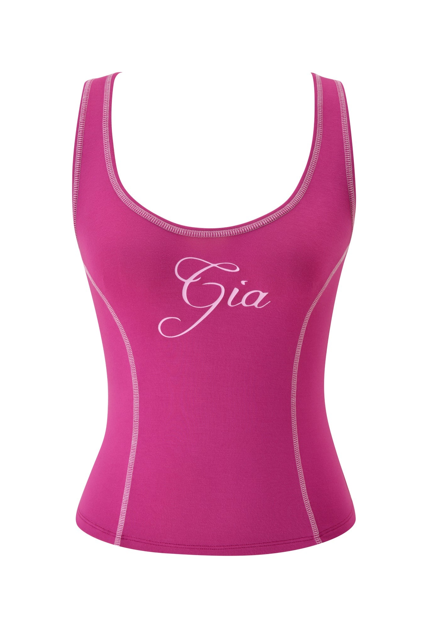 The BLARE TANK - RASPBERRY by I.AM.GIA is a fitted, bodycon tank top featuring light pink seam accents and the brand's elegant script logo across the chest.