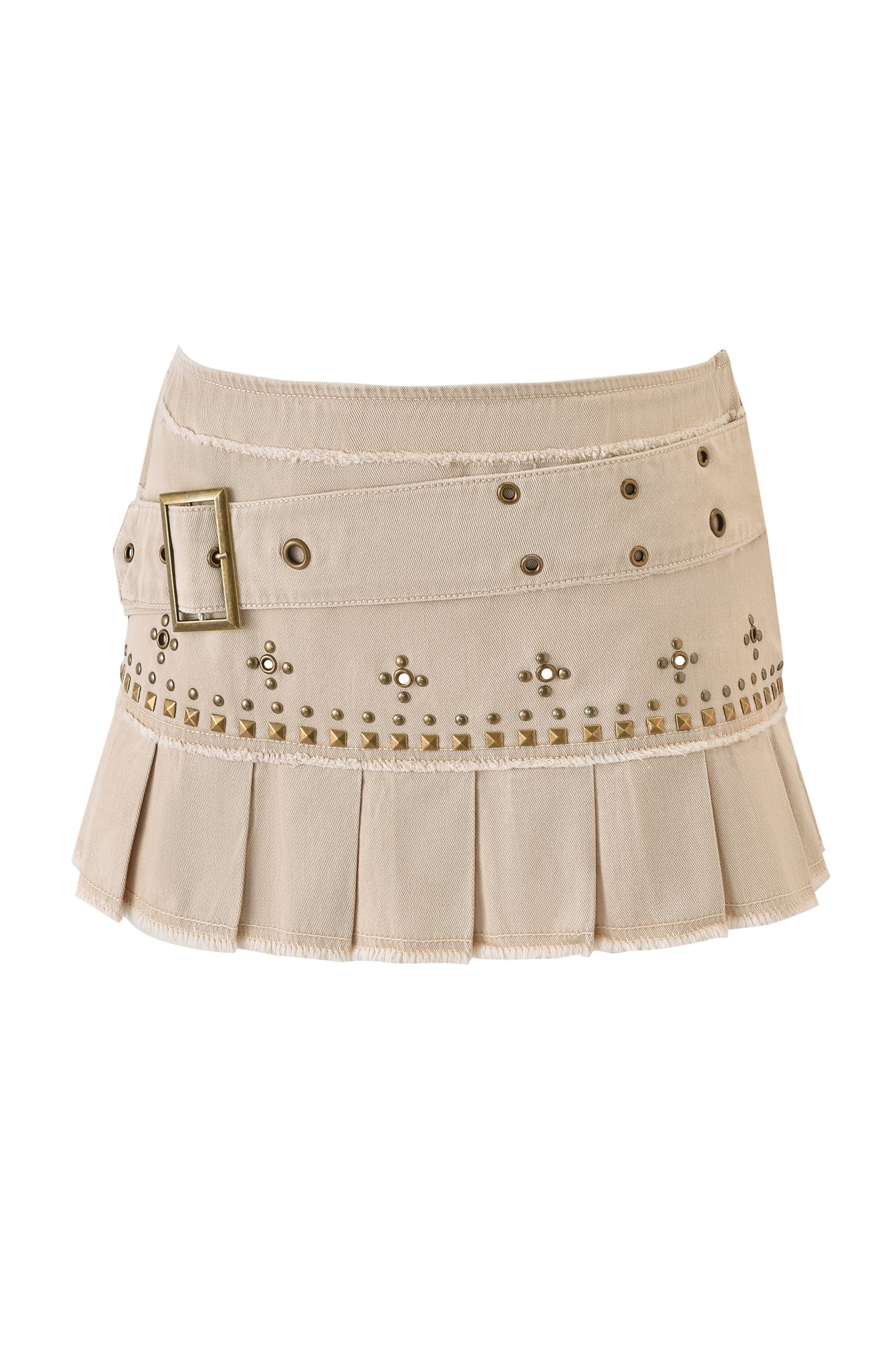 The I.AM.GIA MASON MINI SKIRT in tan features a low rise waist, pleated canvas design, decorative studs, grommets, and an asymmetrical belted square buckle, shown against a white background.