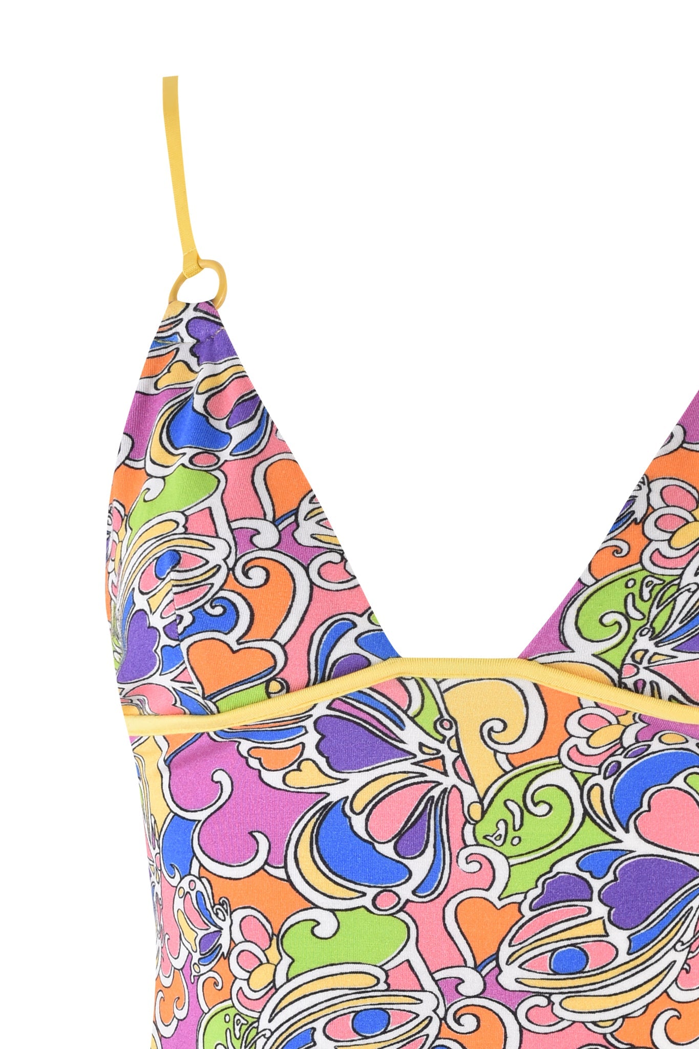 Close-up of the ETTA TOP - TROPICAL BUTTERFLY BLOOM by I.AM.GIA, showcasing a vibrant psychedelic pattern with eyes, hearts, and abstract shapes in orange, purple, blue, green, pink, and yellow. Features a flattering V-neckline and thin yellow adjustable straps.