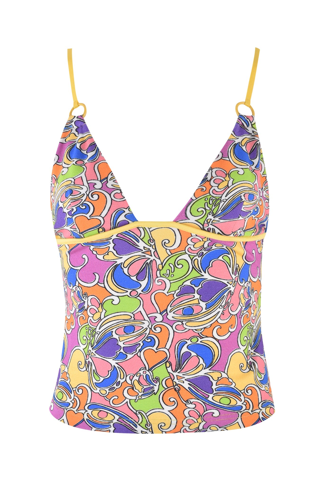 The ETTA TOP - TROPICAL BUTTERFLY BLOOM by I.AM.GIA is a colorful sleeveless V-neck top with spaghetti straps, featuring a vibrant psychedelic pattern in purple, pink, yellow, orange, green, and blue.