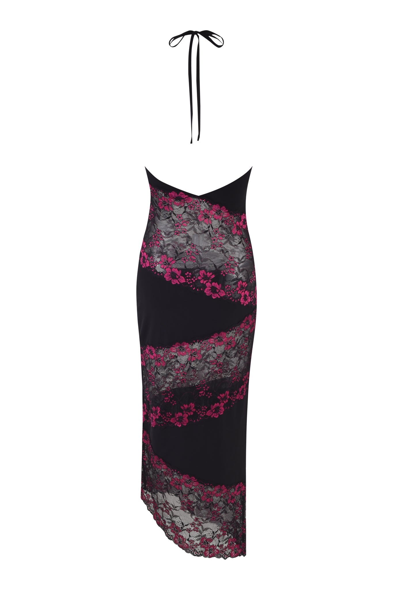 The I.AM.GIA PALOMA MIDI DRESS - BLACK is a fitted black halter dress with sheer diagonal lace panels, pink floral embroidery, and an asymmetrical lace hem for a striking silhouette.
