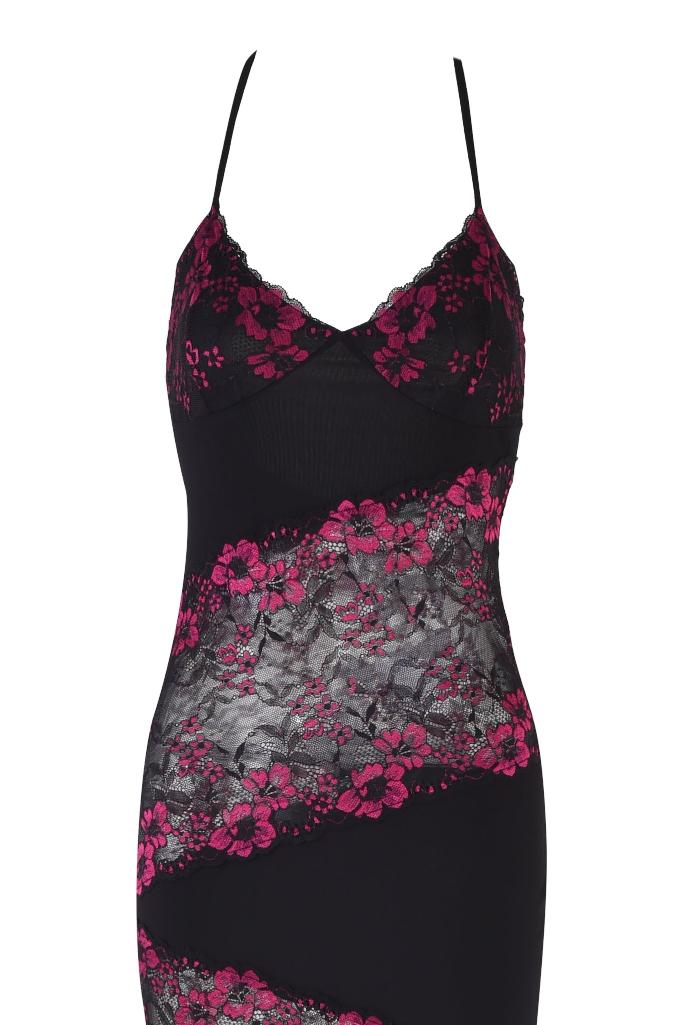 The I.AM.GIA PALOMA MIDI DRESS in black features thin straps, sheer pink and purple floral lace panels across the bodice and midsection, and an asymmetrical lace hem, shown against a white background.