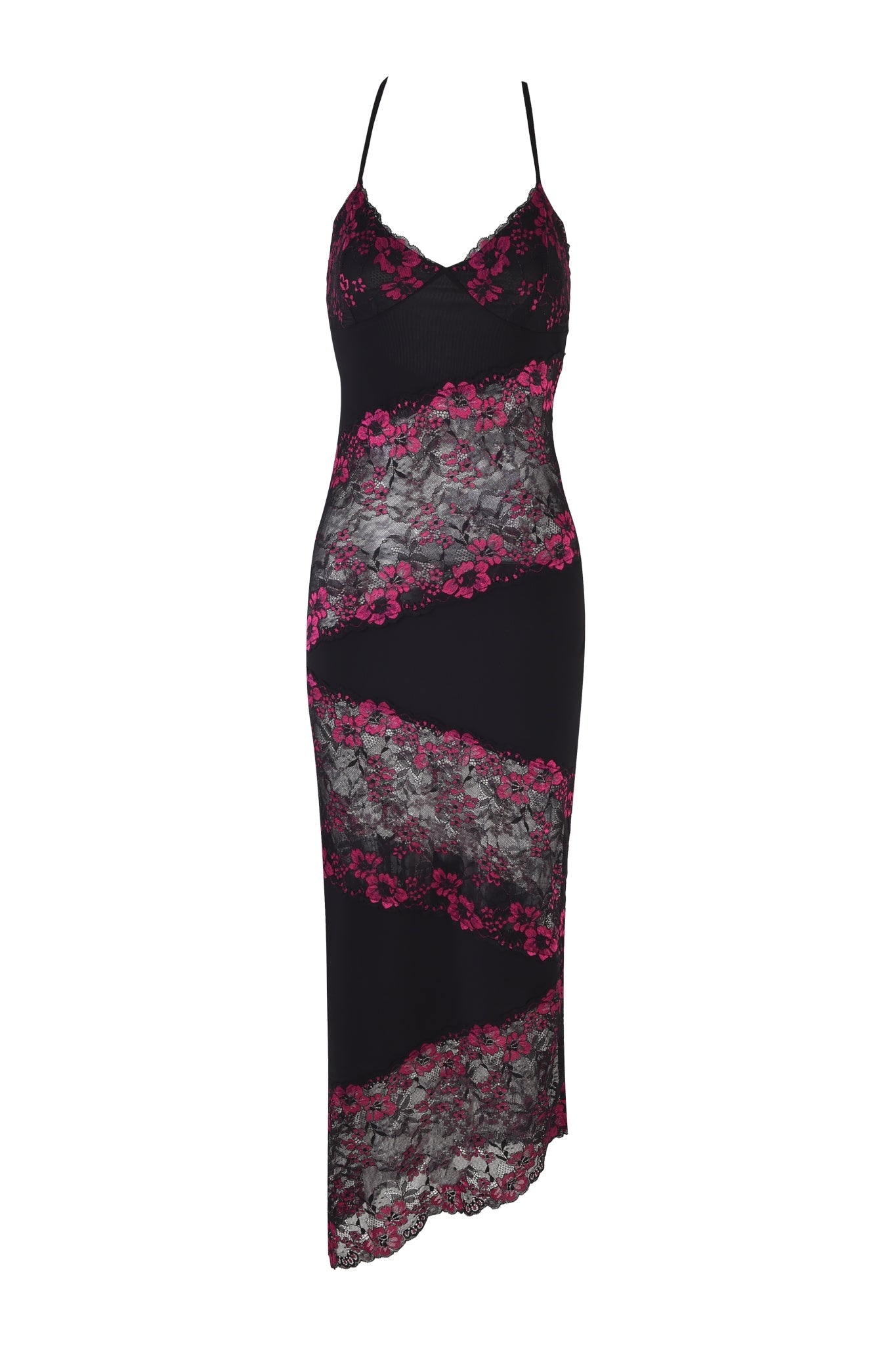 The I.AM.GIA PALOMA MIDI DRESS in black features thin spaghetti straps, sheer diagonal panels, and an asymmetrical lace hem with pink floral embroidery, shown against a plain white background.