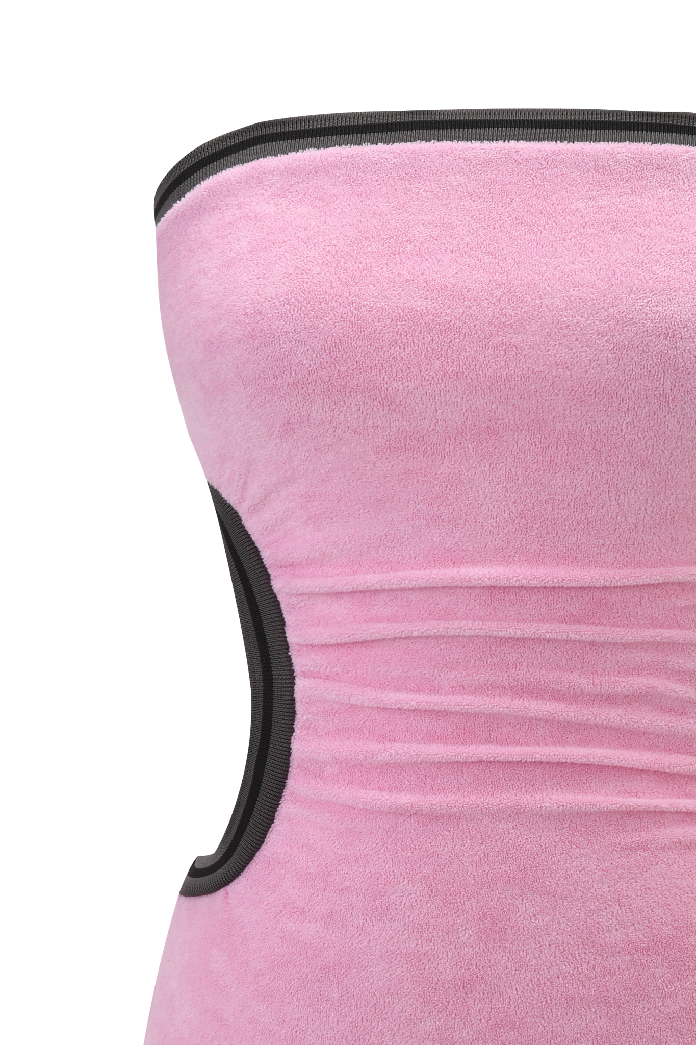 A close-up of the I.AM.GIA DANI MINI DRESS in pink terry towelling, featuring a strapless design, black trim, and gathered elastic waist detailing, displayed on a white background.