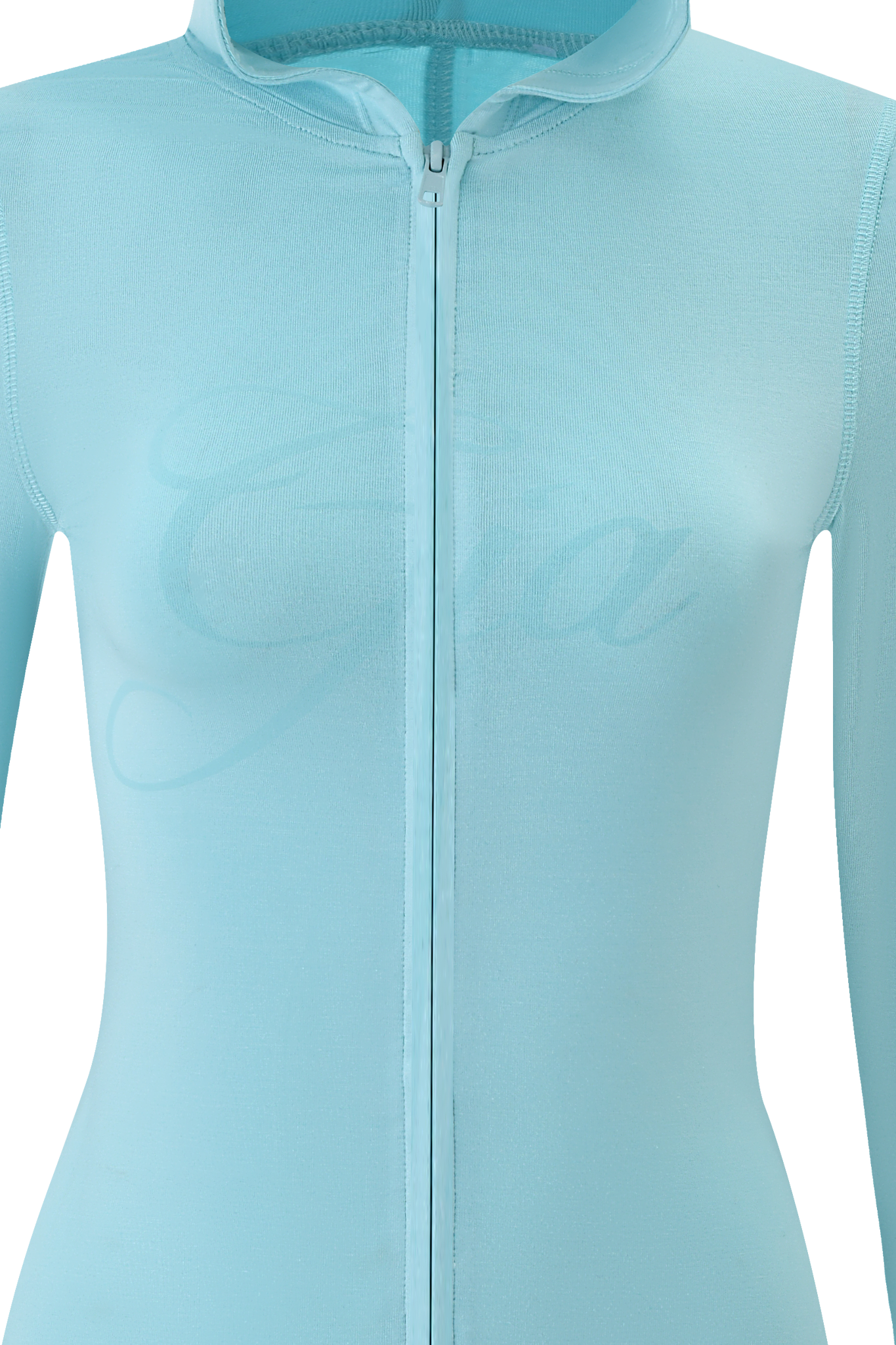 The BLARE ROMPER - AQUA by I.AM.GIA is a light aqua blue, bodycon fit romper with a front zipper from neckline to hem and a subtle cursive "Gia" across the chest.