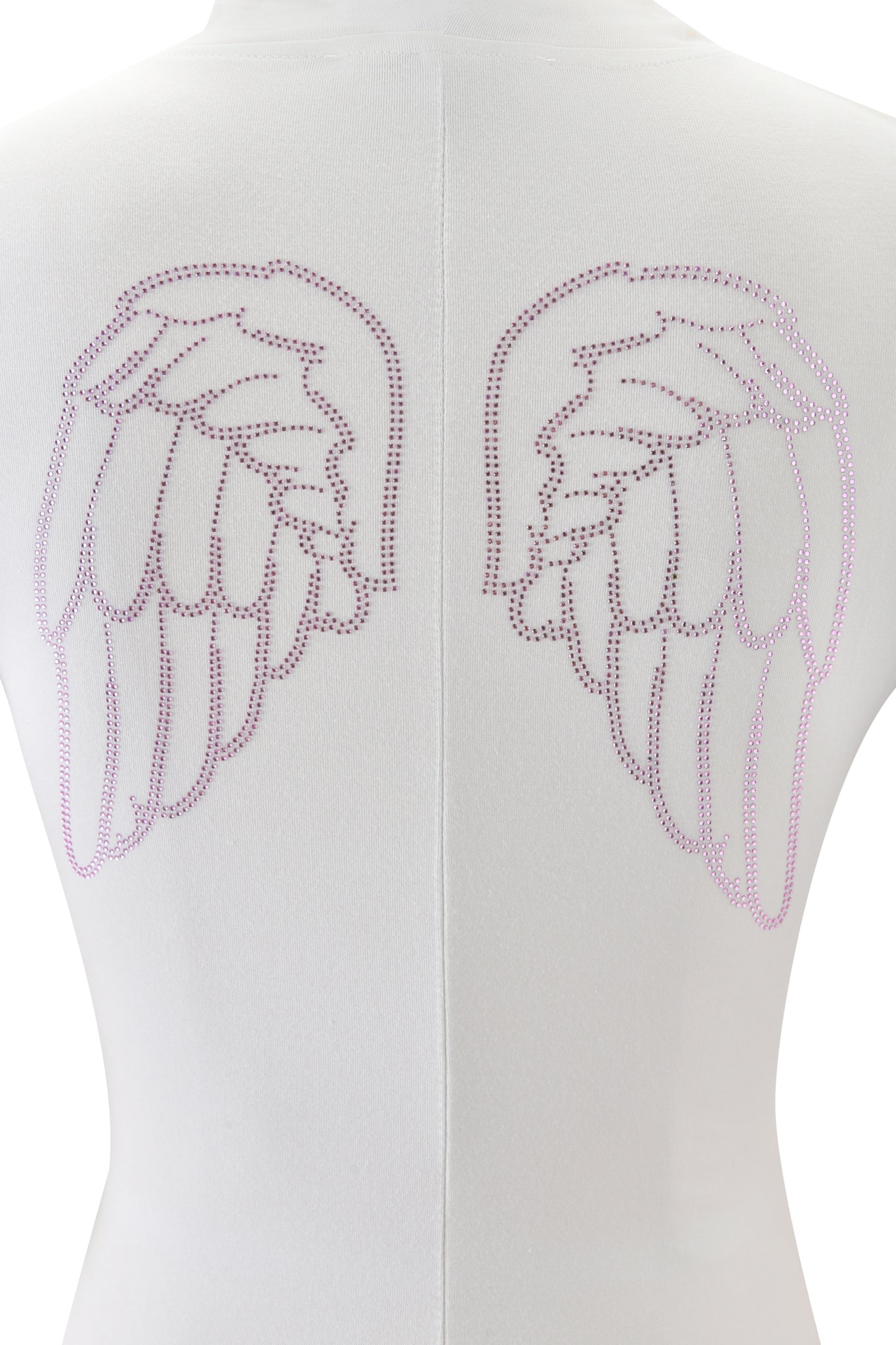 Close-up of the BLARE ROMPER - WHITE ANGEL by I.AM.GIA, highlighting angel wings outlined with light purple rhinestones on the back; the symmetrical wings appear on either side of the spine.