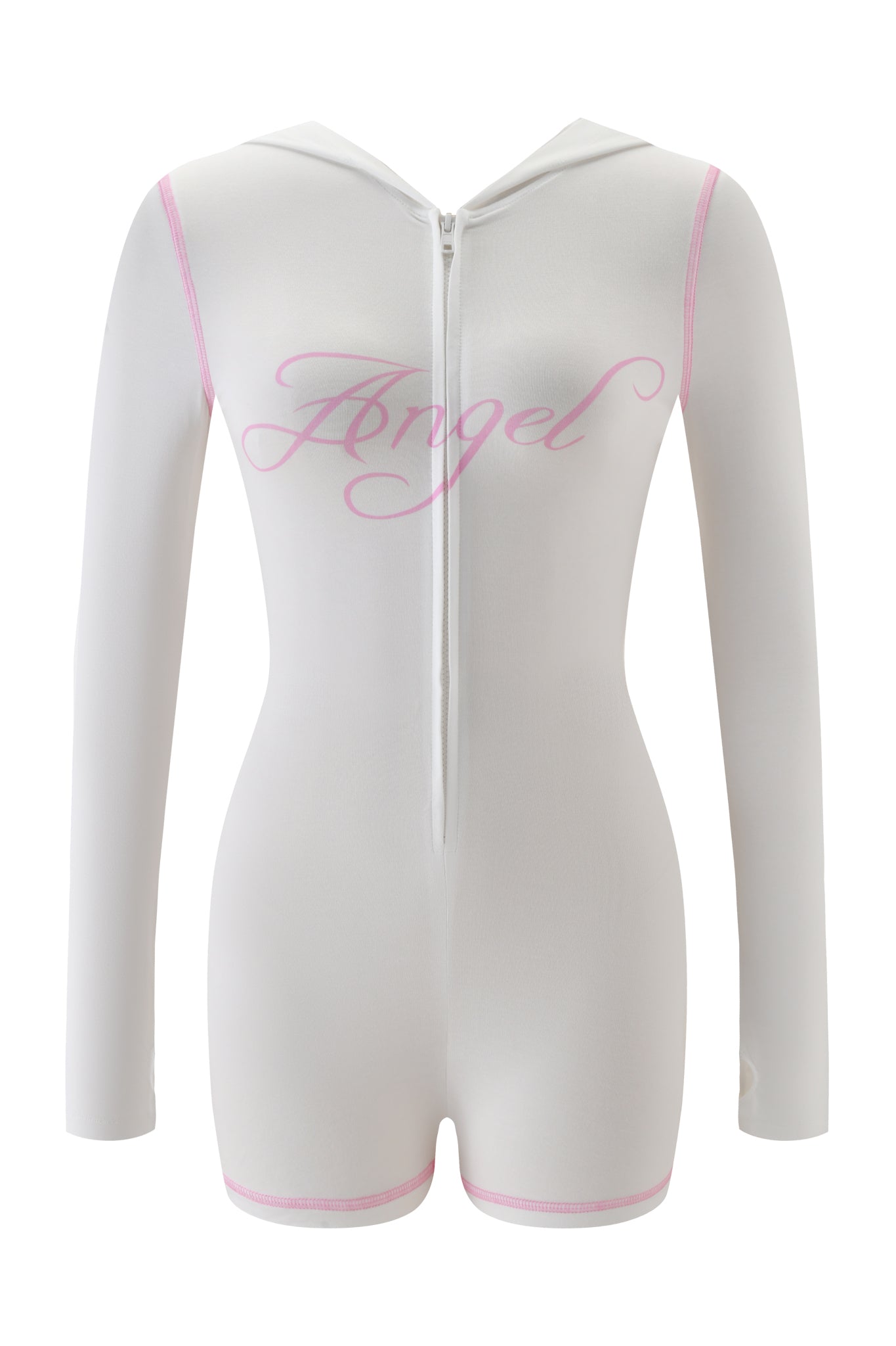 The BLARE ROMPER - WHITE ANGEL by I.AM.GIA is a white, long-sleeve, hooded romper featuring an angel print, front zipper, “Angel” in pink script on the chest, and pink trim for a cute bodycon micro mini look.