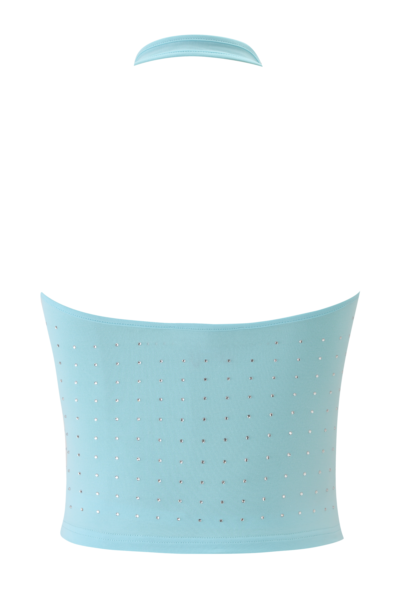 The BUBBLES TOP - AQUA by I.AM.GIA is a light aqua blue strapless tube top with a straight neckline, body-con fit, and a grid of small rhinestones across its smooth, stretchy front.