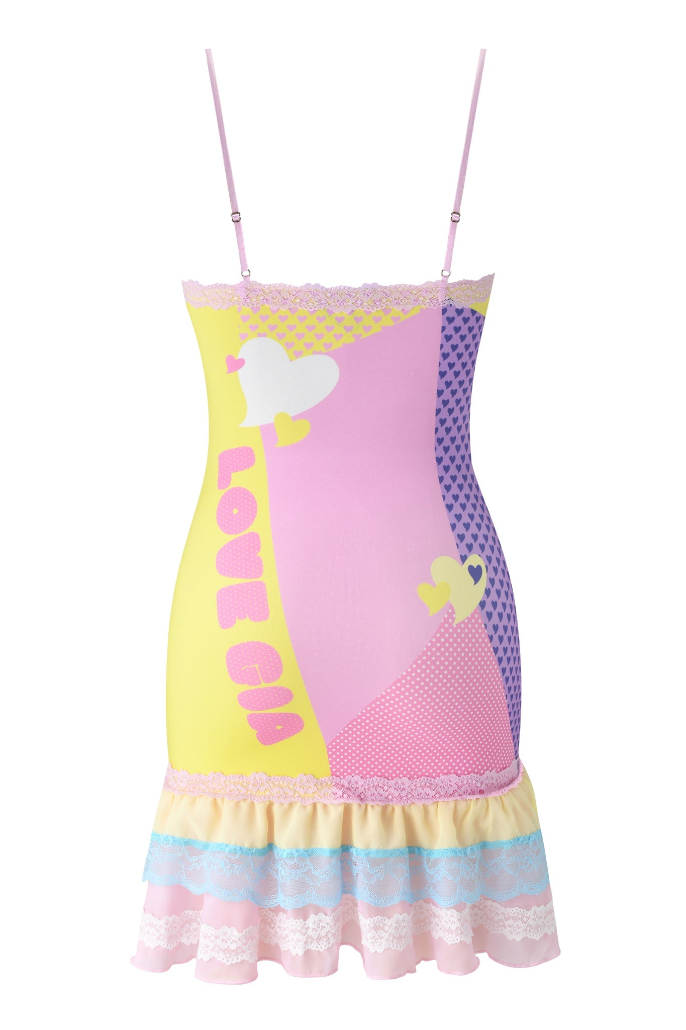 The I.AM.GIA FAFI MINI DRESS - YELLOW features spaghetti straps, pastel pink, yellow, and purple color blocks, heart motifs, "LOVE GIA" text, and a ruffled hem with lace trim in light blue, yellow, and white.